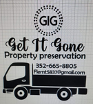 Logo for "Get It Gone" with a truck graphic, contact info, and "Property Preservation".