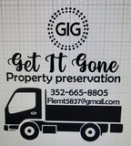 Logo for "Get It Gone" with a truck graphic, contact info, and "Property Preservation".