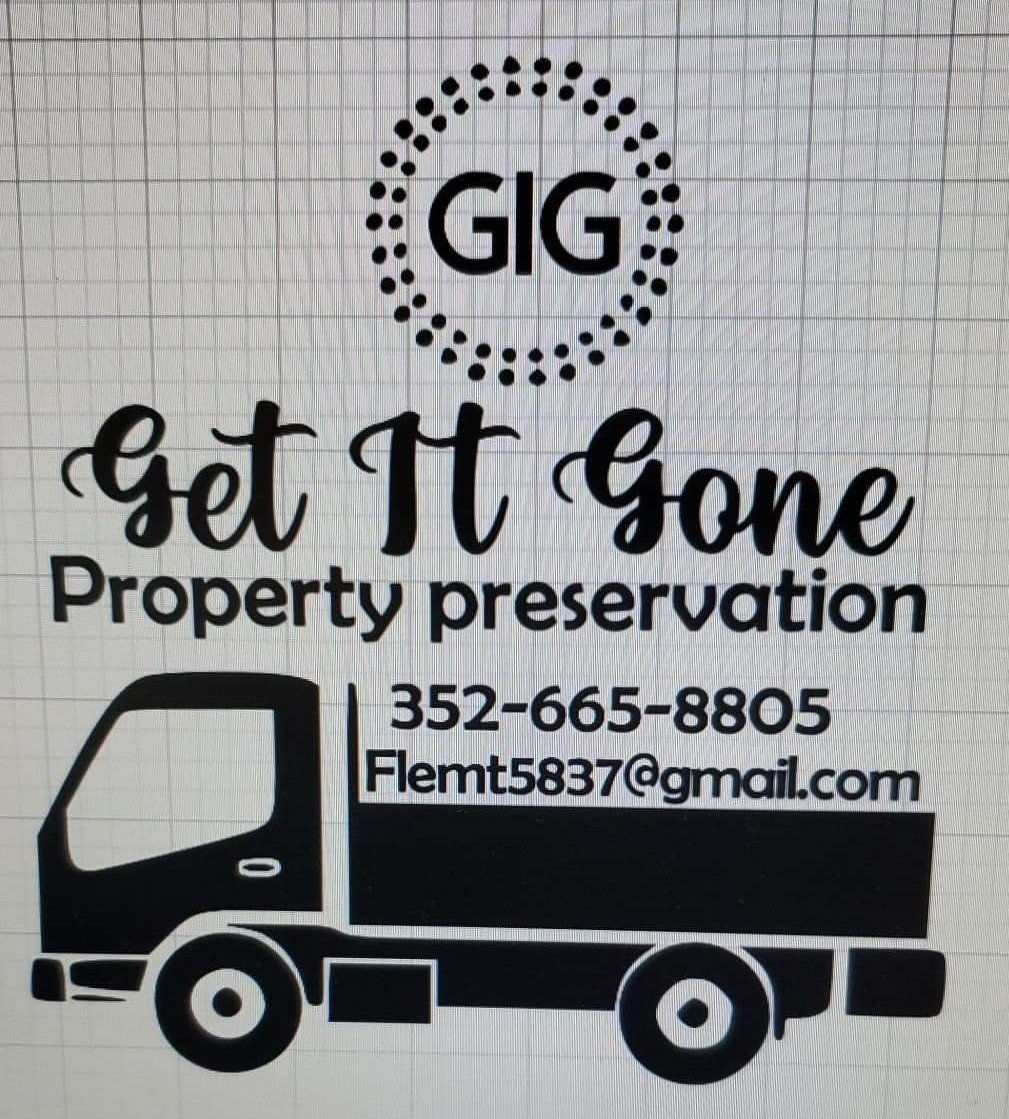 Logo for "Get It Gone" with a truck graphic, contact info, and "Property Preservation".