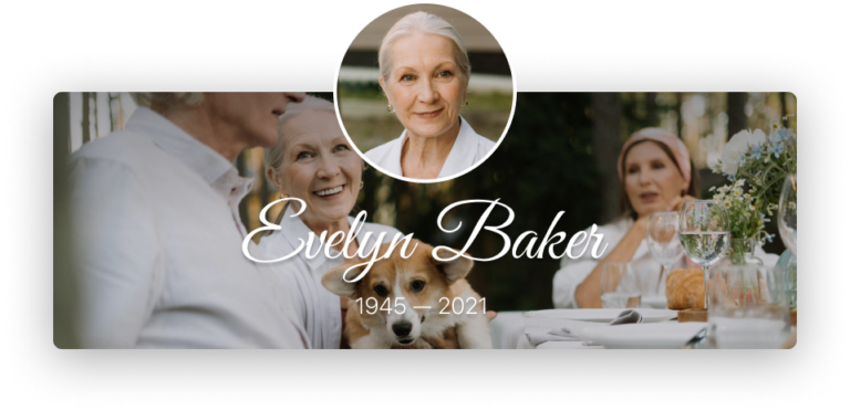 Memorial collage with a woman’s portrait, wedding photo, and candlelit table, labeled “Evelyn Baker.”