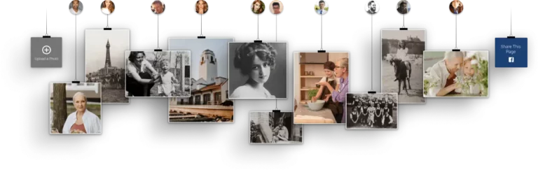 Photo collage hanging on a wall, showing black-and-white and color travel scenes and people in various frames