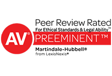 A peer review rated logo for ethical standards and legal ability.