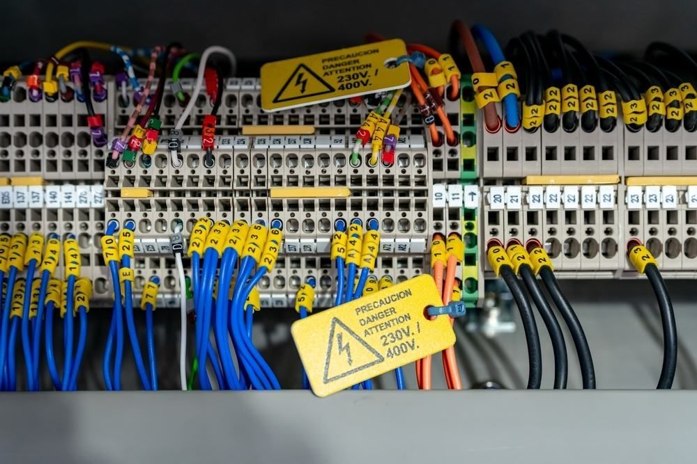A Close Up of a Electrical Panel With a Yellow Warning Sign on It — Accurate Fitout Solutions In Prestons, NSW