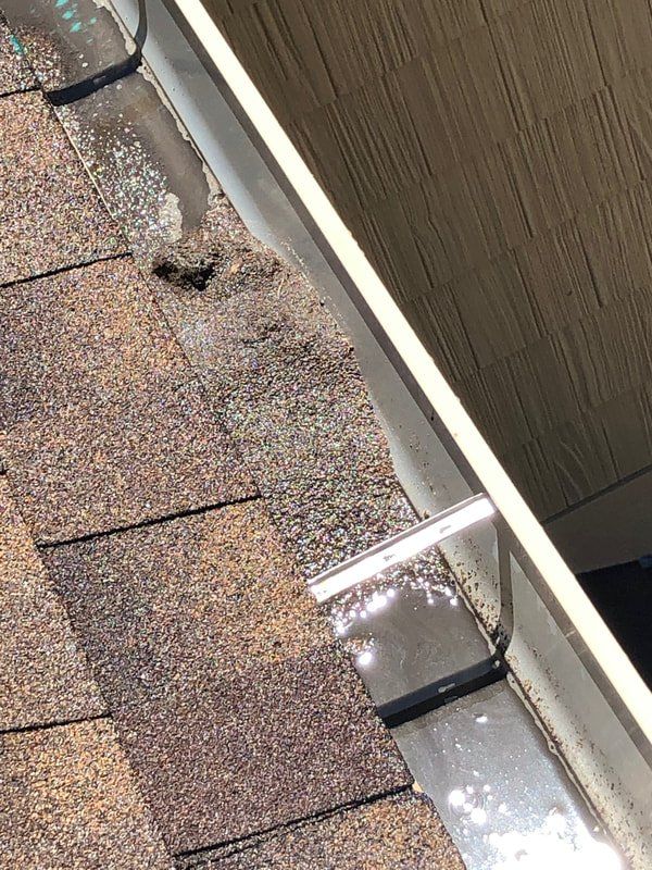 Brown roof shingles and a gutter with debris.