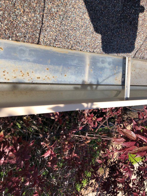Gutter with rust and dirt, next to a roof and red foliage.