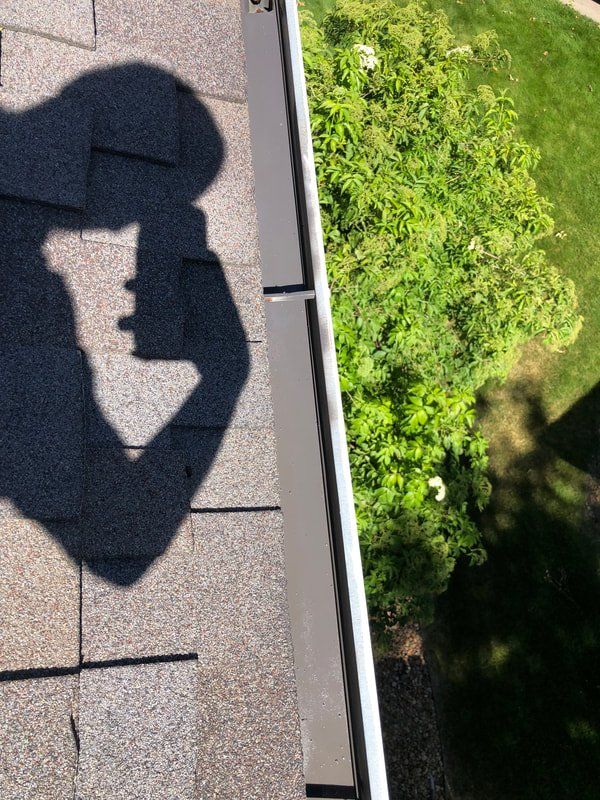 Shadow of person holding phone taking photo of roof shingles and gutter with green bushes below.