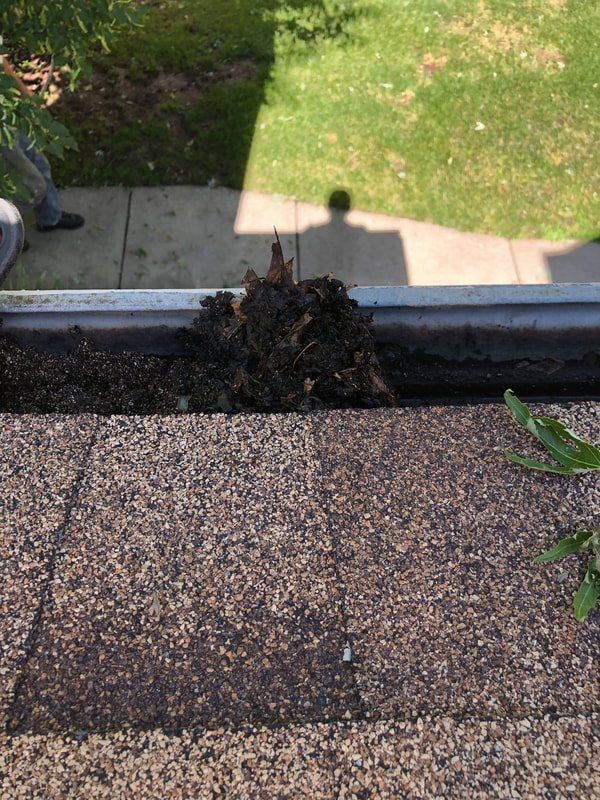 Gutter filled with debris on a house roof. A person's legs and shadow are visible near the gutter.