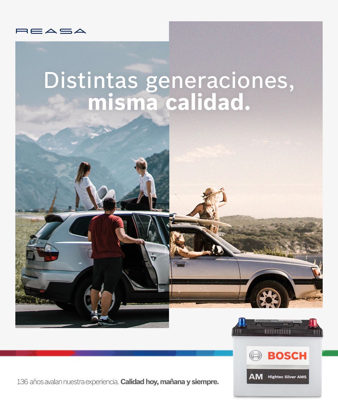 Un anuncio de baterías Bosch muestra a un hombre saliendo de un coche en diferentes generaciones