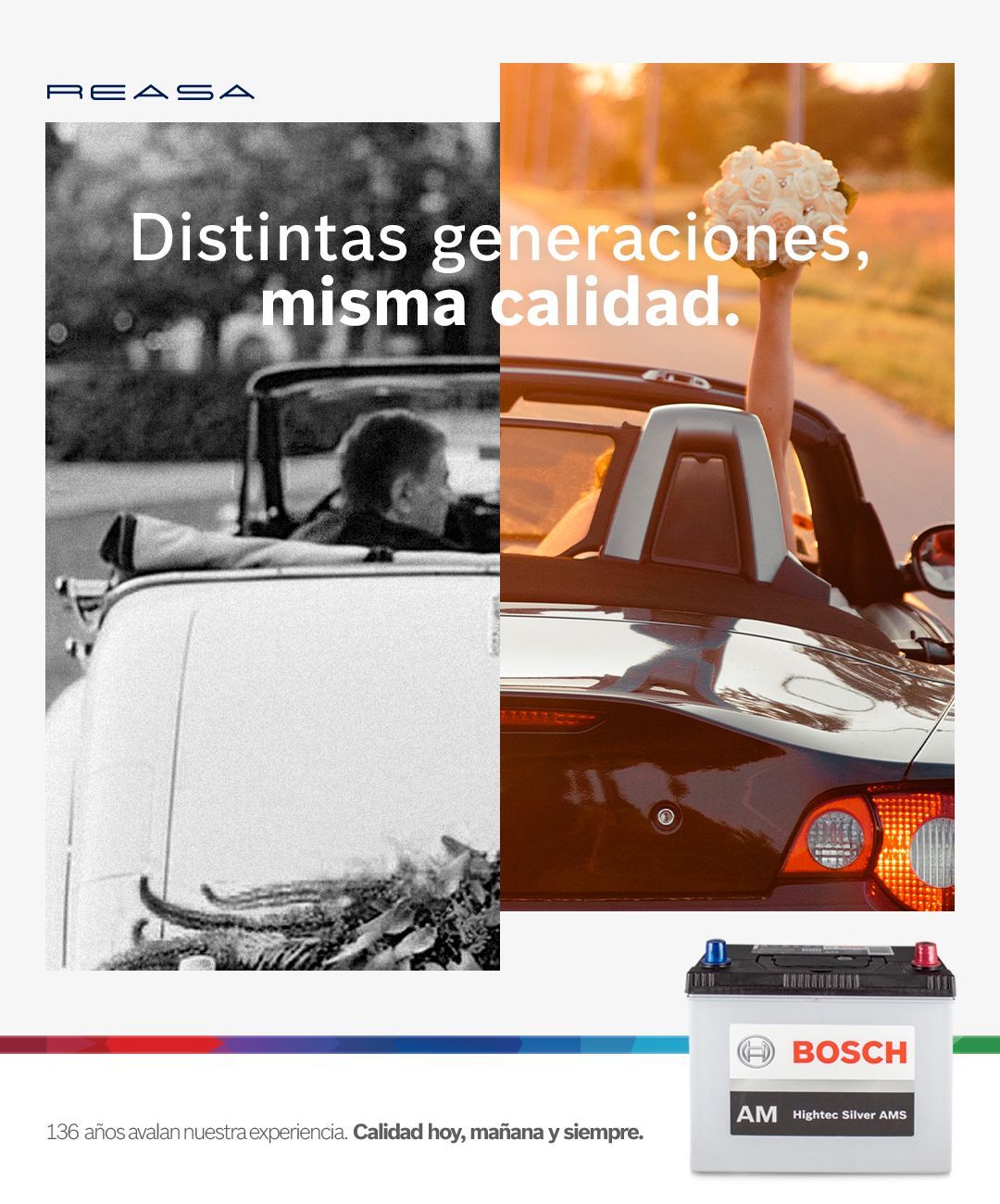 Un anuncio de una batería Bosch muestra a los novios en un coche.