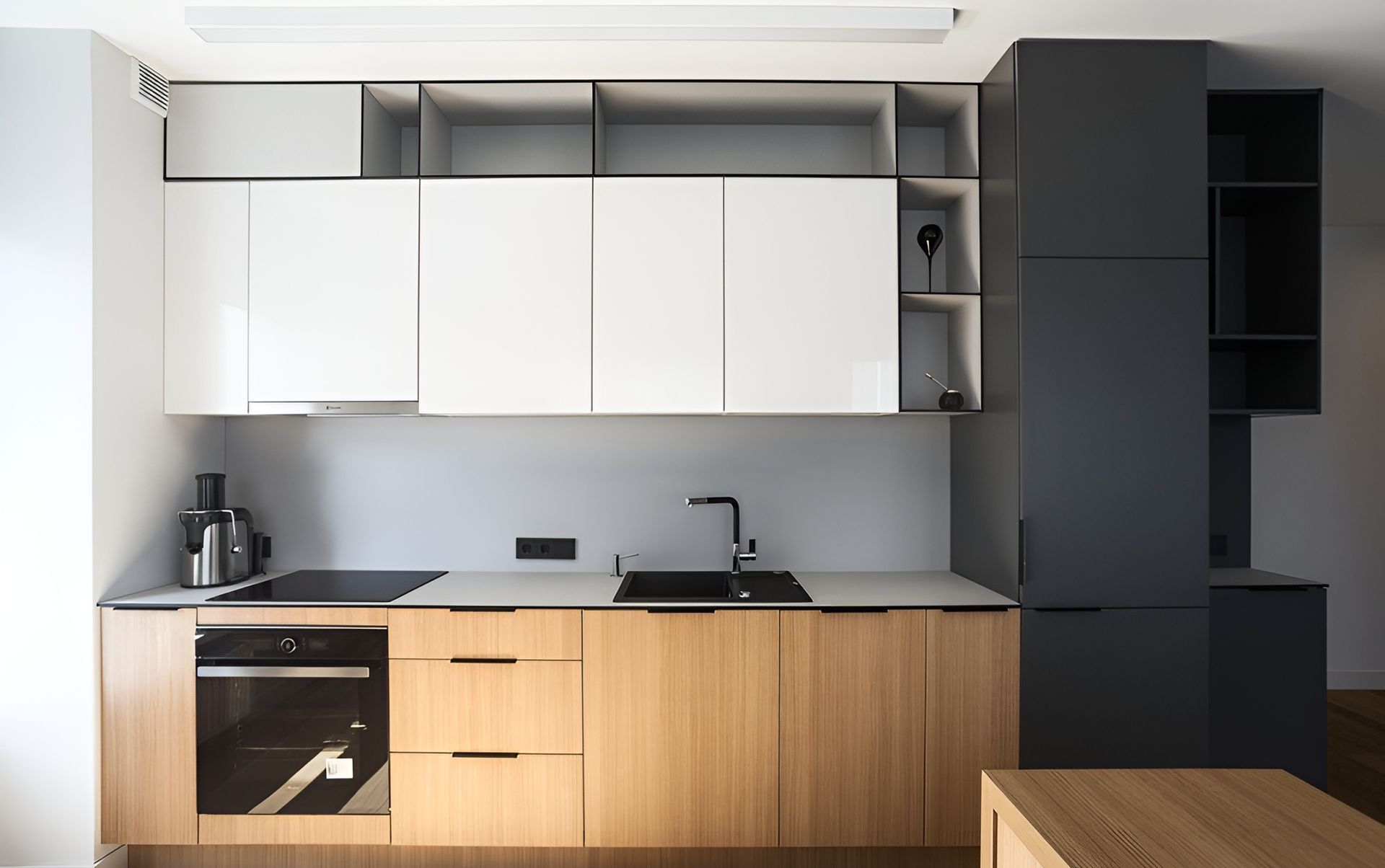 modern kitchen with white and wooden cabinets — The Right Kitchen Company In Berkeley, NSW