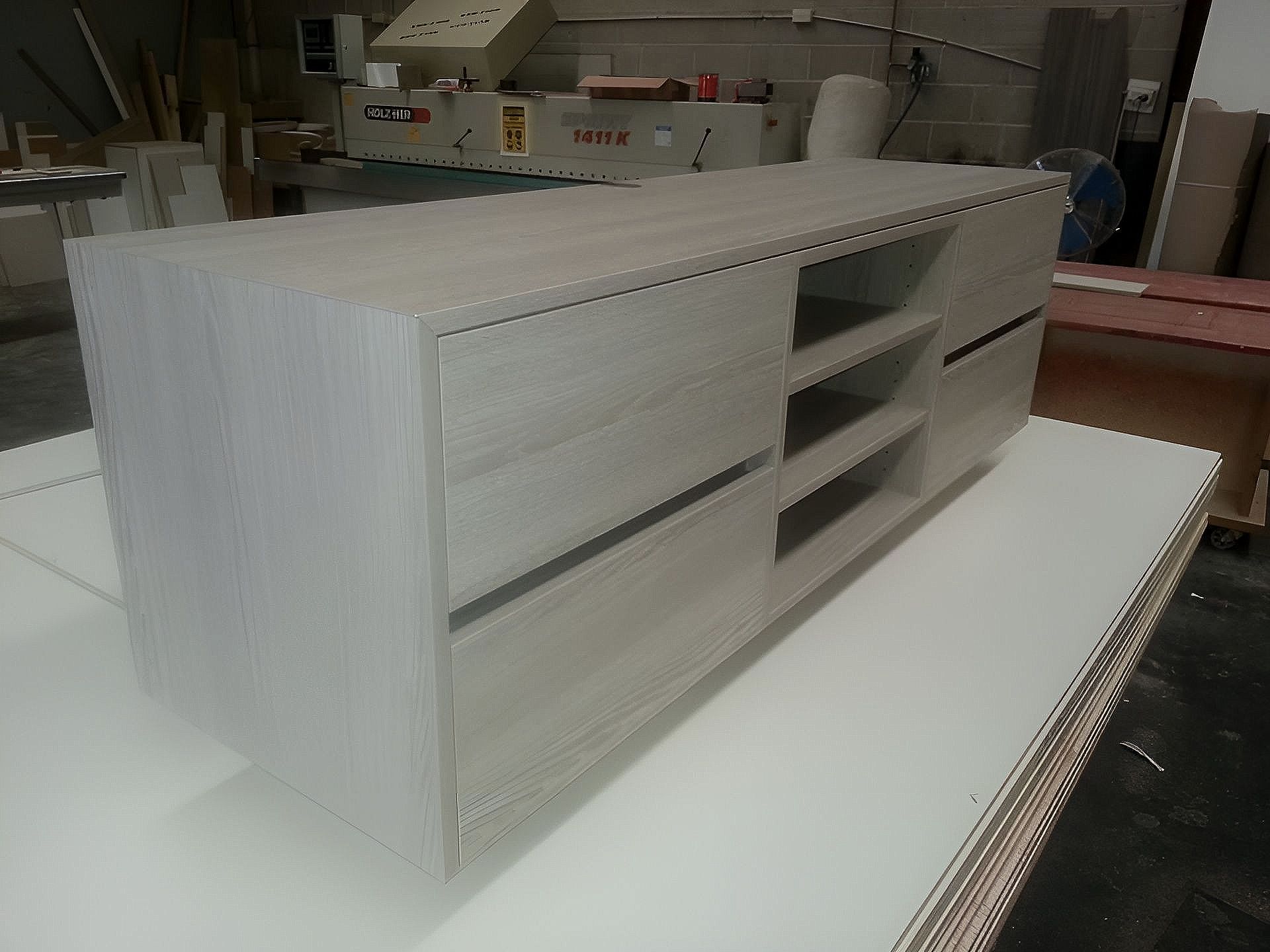 A newly made wooden cabinet in a workshop — The Right Kitchen Company In Berkeley, NSW