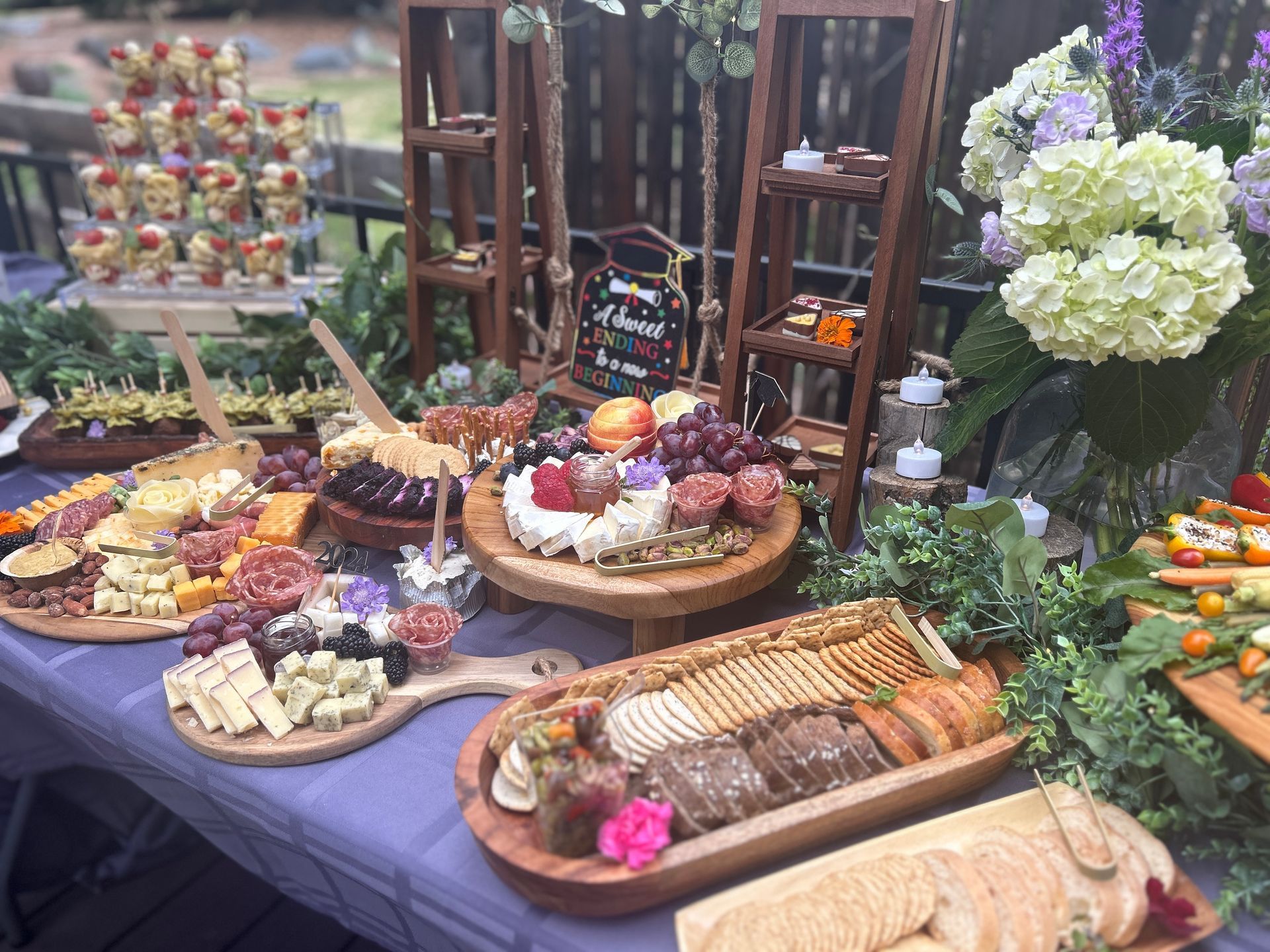 A wooden cutting board with a variety of food on it