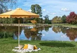 A yellow umbrella is sitting in the grass next to a lake.
