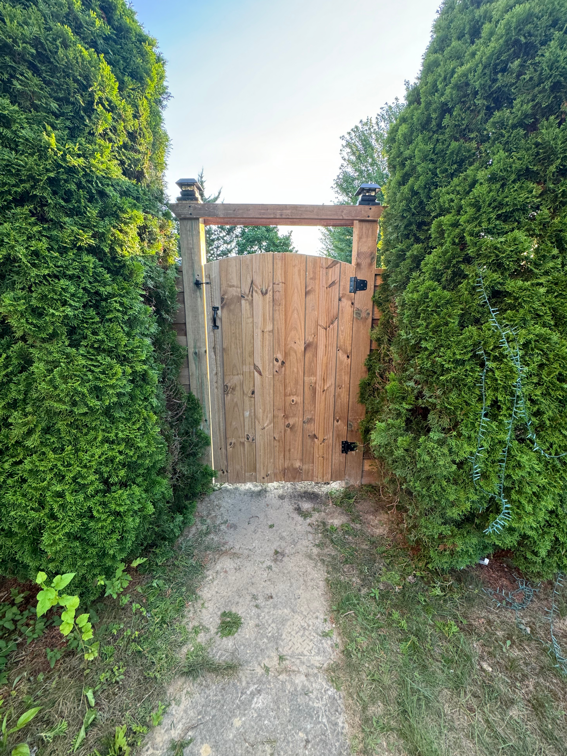 A wooden gate is surrounded by trees on both sides of a dirt path.