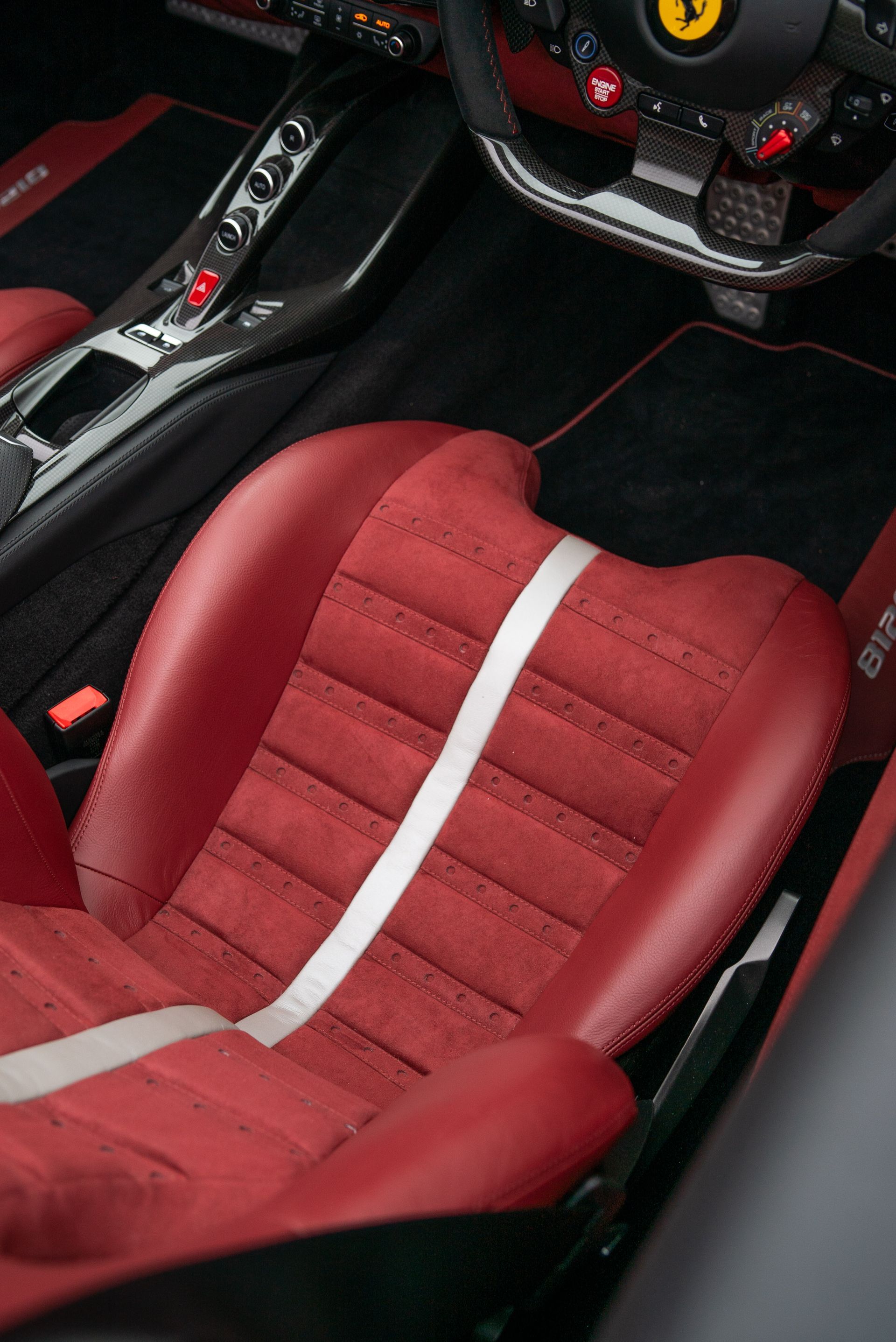 Ferrari 812 GTS interior seats dash dashboard under retrim reupholster reupholstered recovered leather Alcantara red oem plus oem+ d:class auto automotive d:class near me best local surrey daytona style belts centre centres