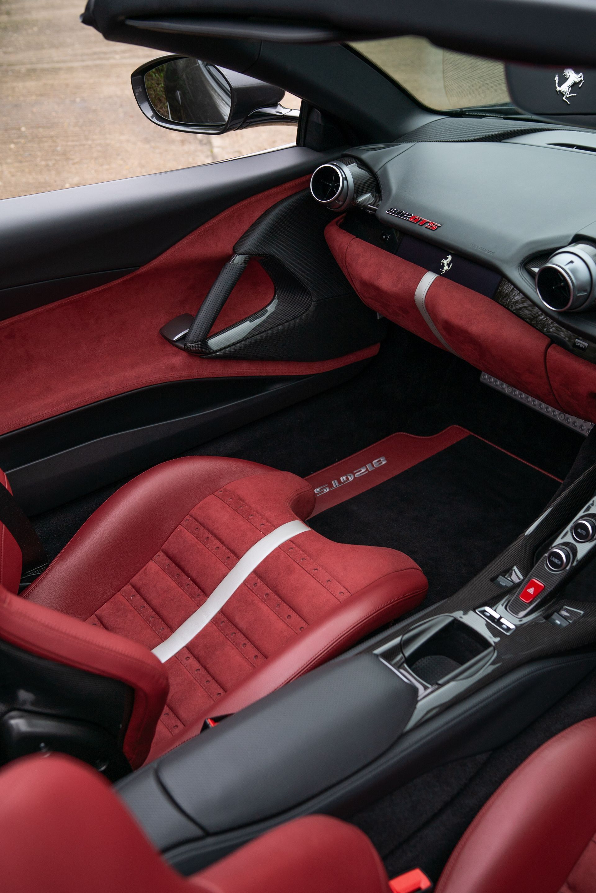 Ferrari 812 GTS interior seats dash dashboard under retrim reupholster reupholstered recovered leather Alcantara red oem plus oem+ d:class auto automotive d:class near me best local surrey daytona style belts centre centres