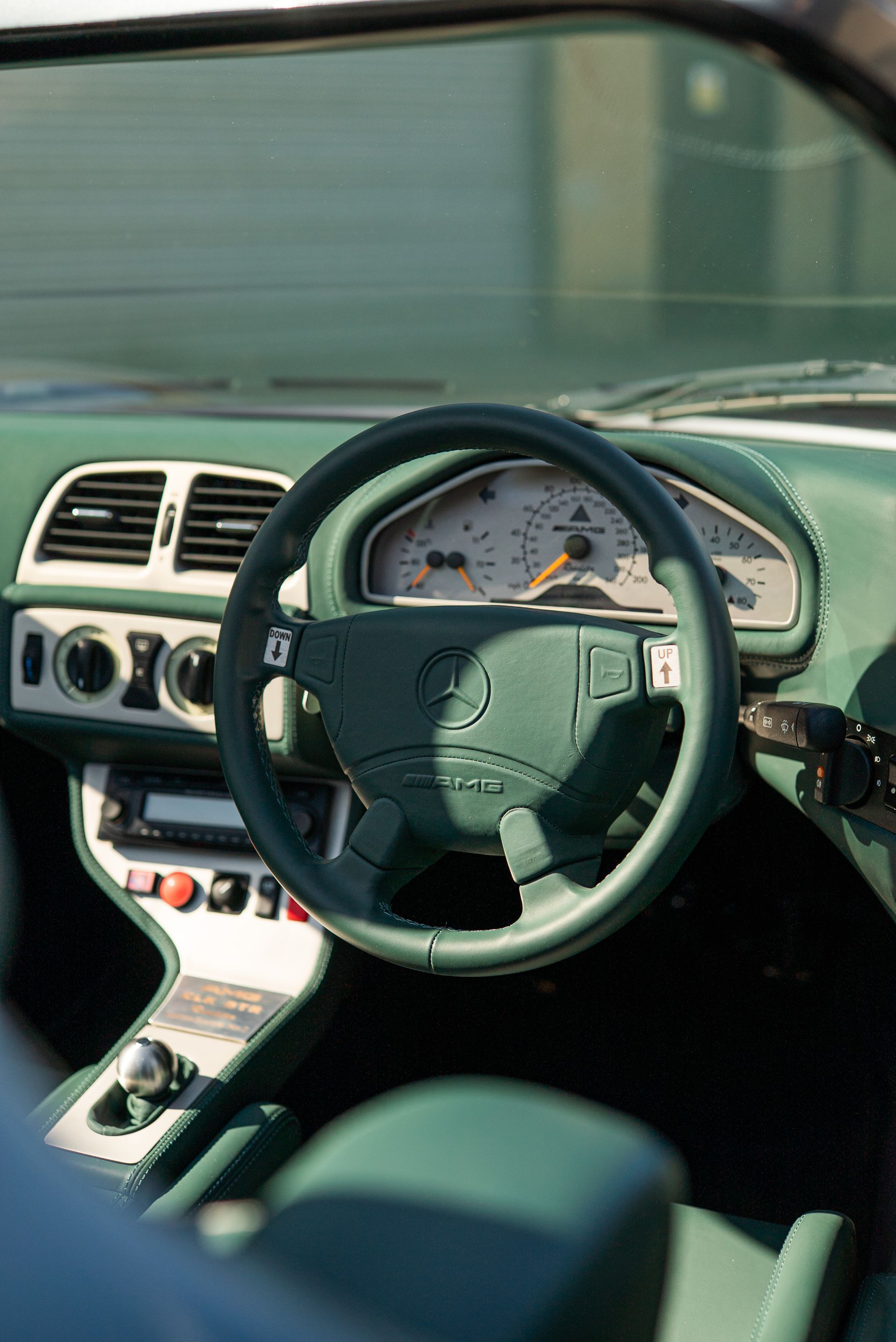 Mercedes-Benz CLK GTR Roadster green nappa leather interior retrim re upholstered upholstery customised seats steering wheel d:class dclass auto automotive DK Engineering RHD