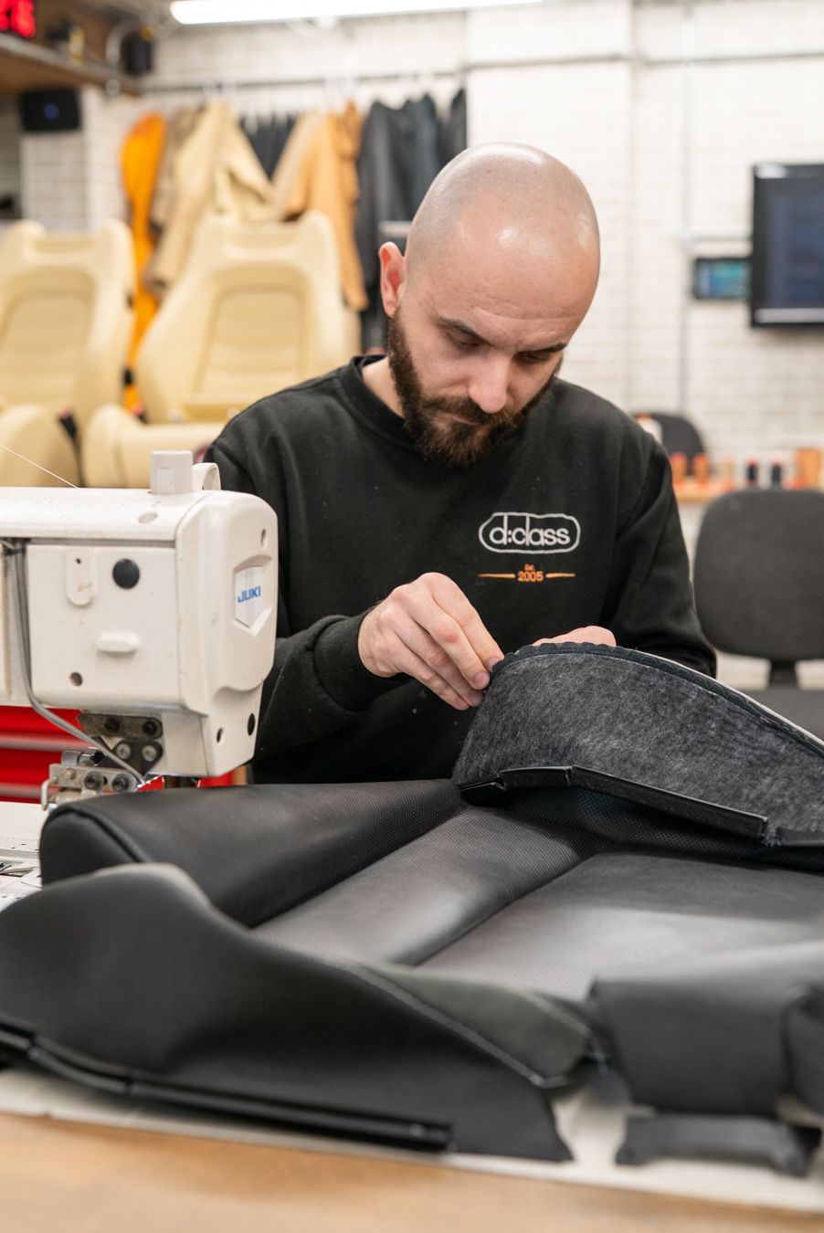 Porsche 911 Turbo S seat retrim leather alcantara embroidery logo oem upholstery reupholster near me dclass d:class