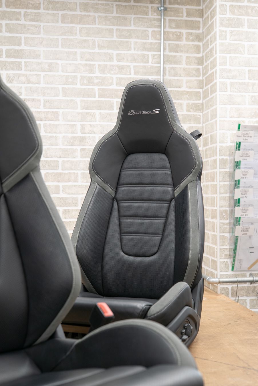 Porsche 911 Turbo S seat retrim leather alcantara embroidery logo oem upholstery reupholster near me dclass d:class