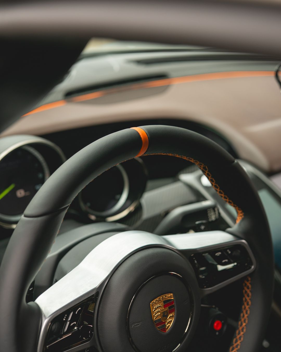 porsche 918 spyder steering wheel retrim black nappa leather orange racing band d:class dclass auto automotive near me interior stitch stitching oem 