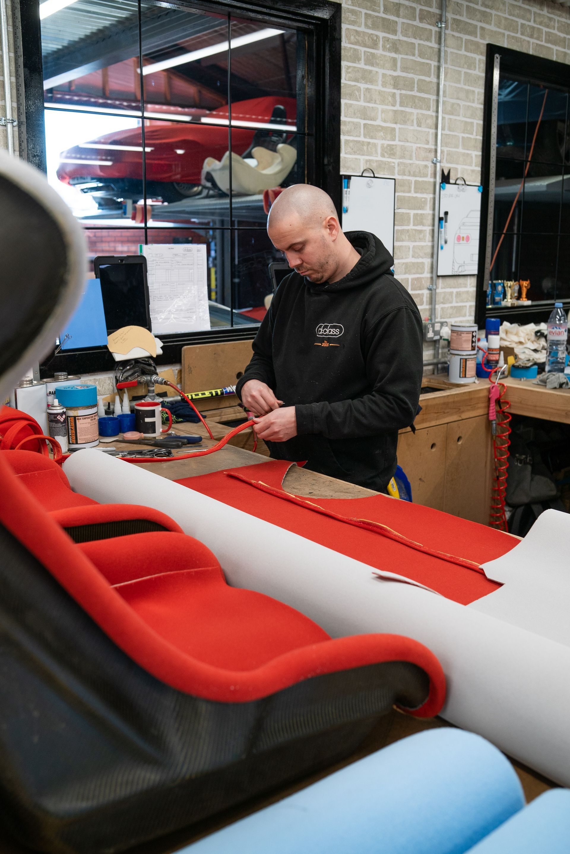 Ferrari f40 racing seat seats retrim nomex red cloth d:class auto automotive restoration reupholster pair surrey