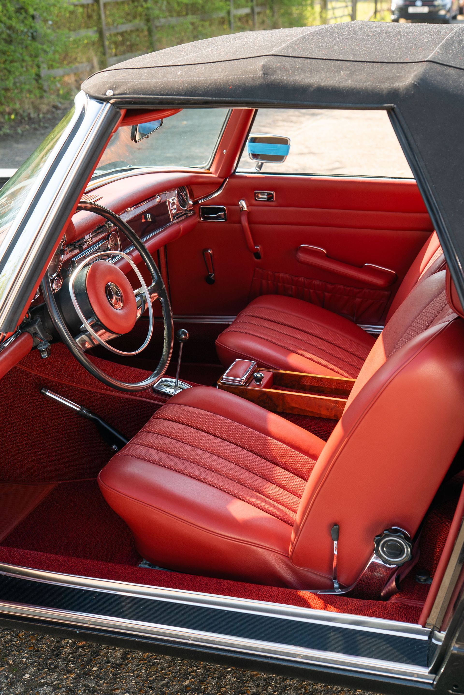 Mercedes-Benz W113 red old timer leather uk hide d:class basket weave box carpet retrim restoration upholstery reupholstered