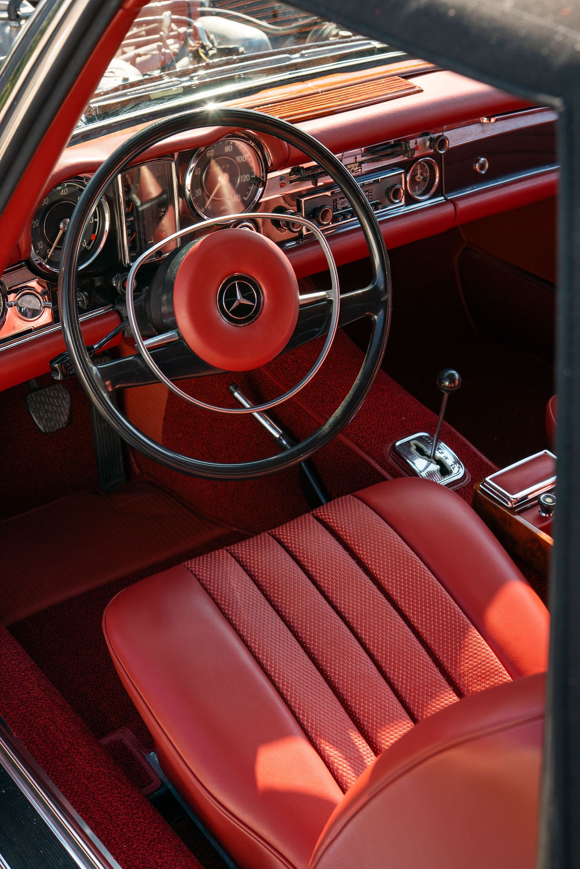 Mercedes-Benz W113 red old timer leather uk hide d:class basket weave box carpet retrim restoration upholstery reupholstered