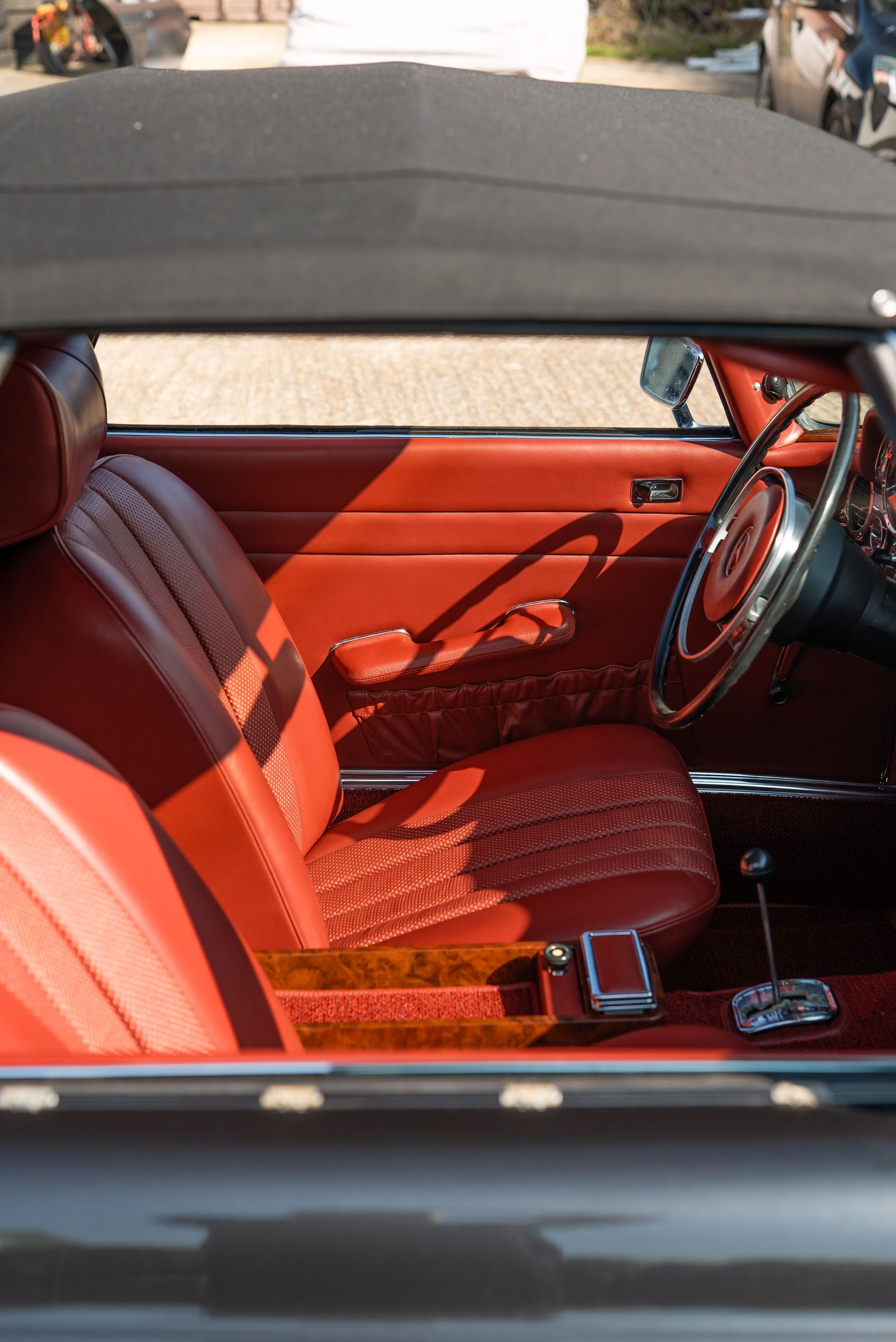 Mercedes-Benz W113 red old timer leather uk hide d:class basket weave box carpet retrim restoration upholstery reupholstered