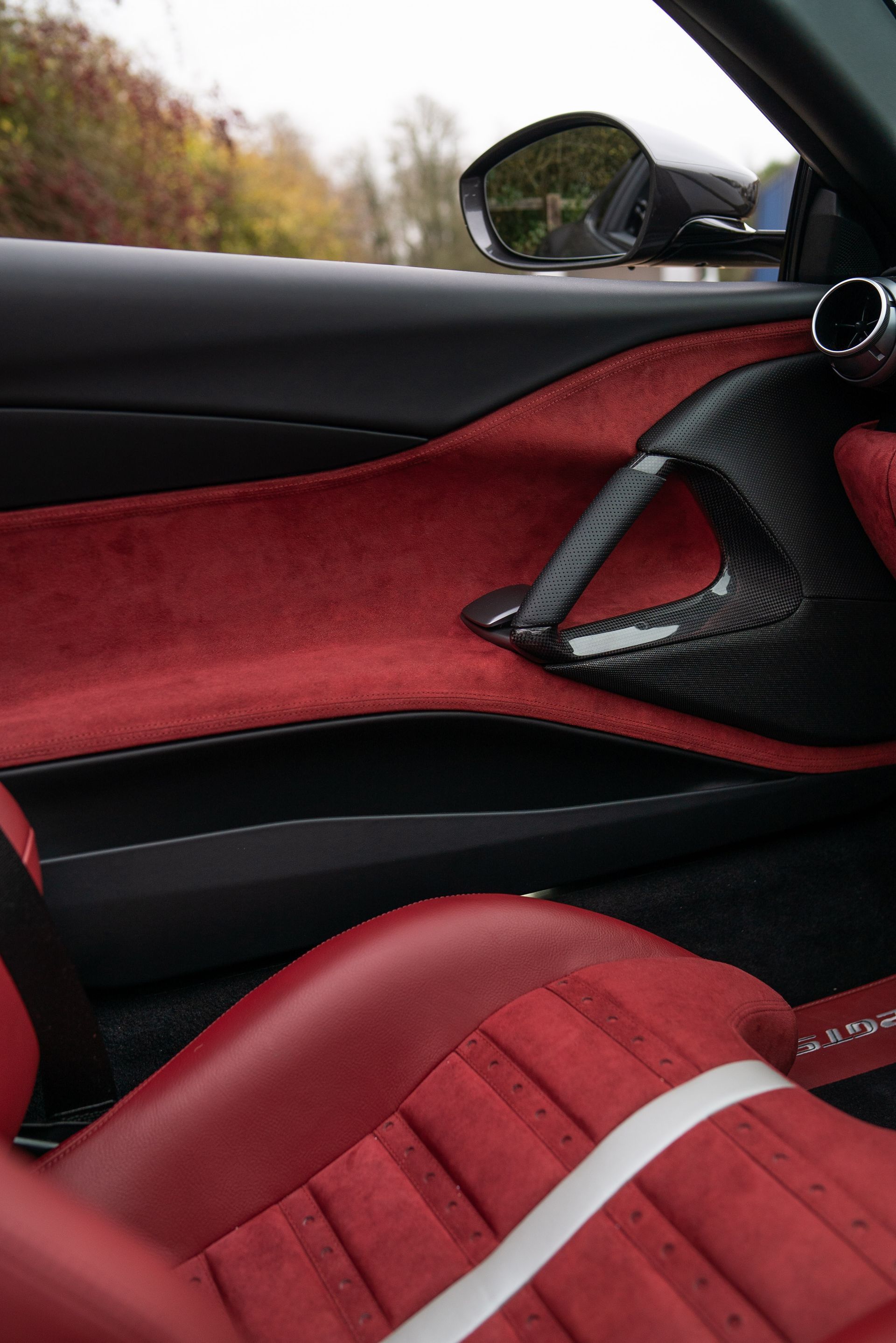 Ferrari 812 GTS interior seats dash dashboard under retrim reupholster reupholstered recovered leather Alcantara red oem plus oem+ d:class auto automotive d:class near me best local surrey daytona style belts centre centres
