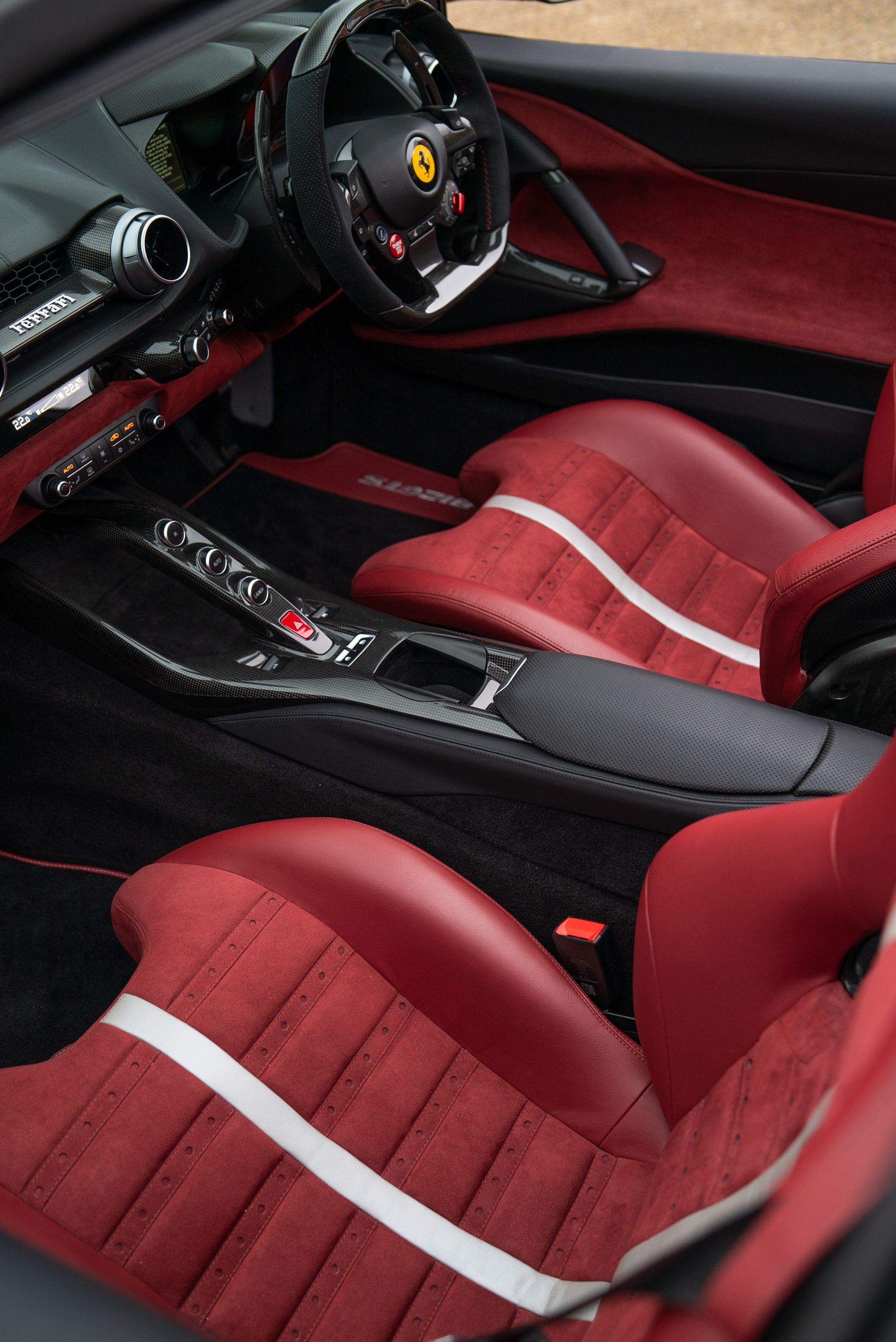 Ferrari 812 GTS interior seats dash dashboard under retrim reupholster reupholstered recovered leather Alcantara red oem plus oem+ d:class auto automotive d:class near me best local surrey daytona style belts centre centres