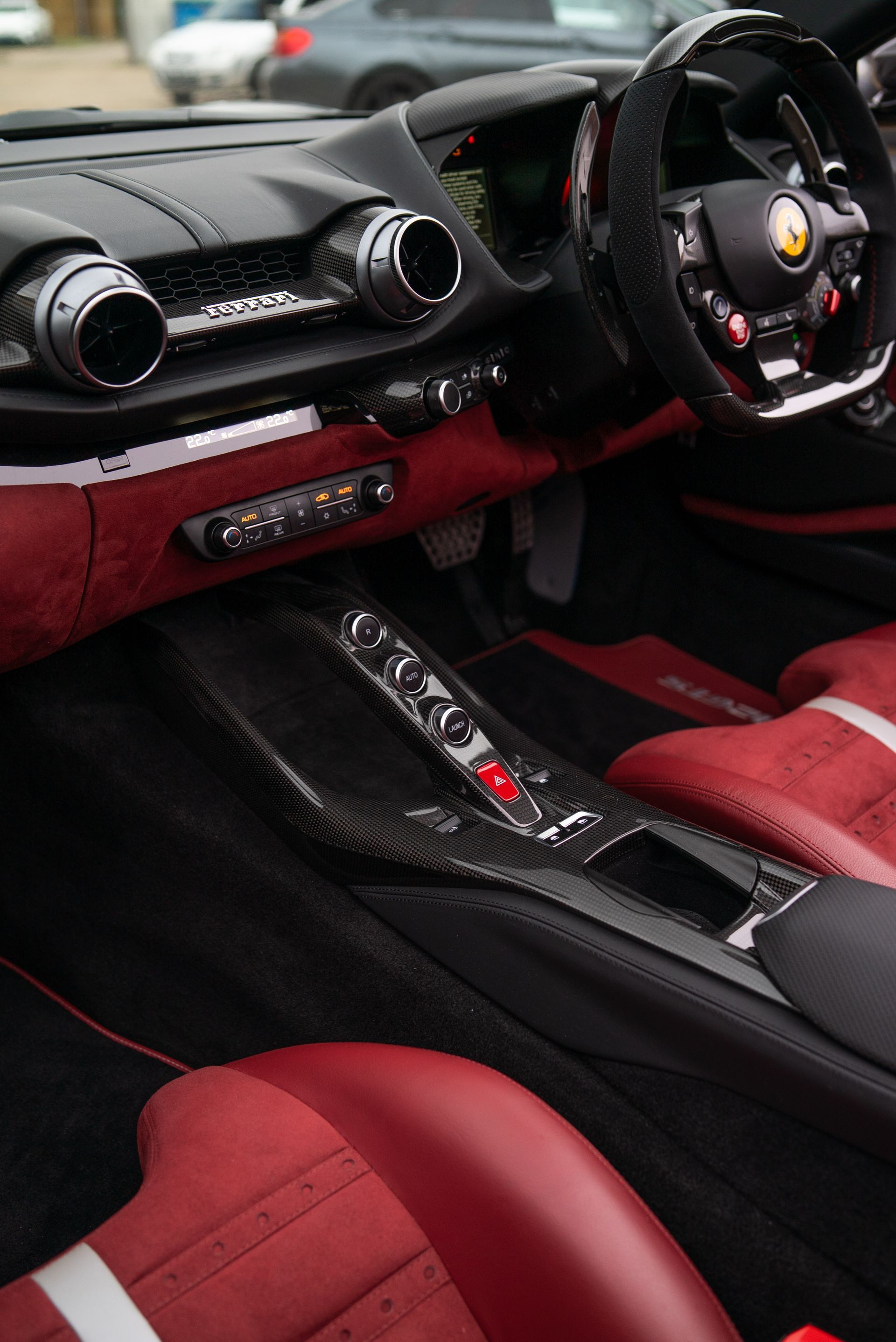 Ferrari 812 GTS interior seats dash dashboard under retrim reupholster reupholstered recovered leather Alcantara red oem plus oem+ d:class auto automotive d:class near me best local surrey daytona style belts centre centres