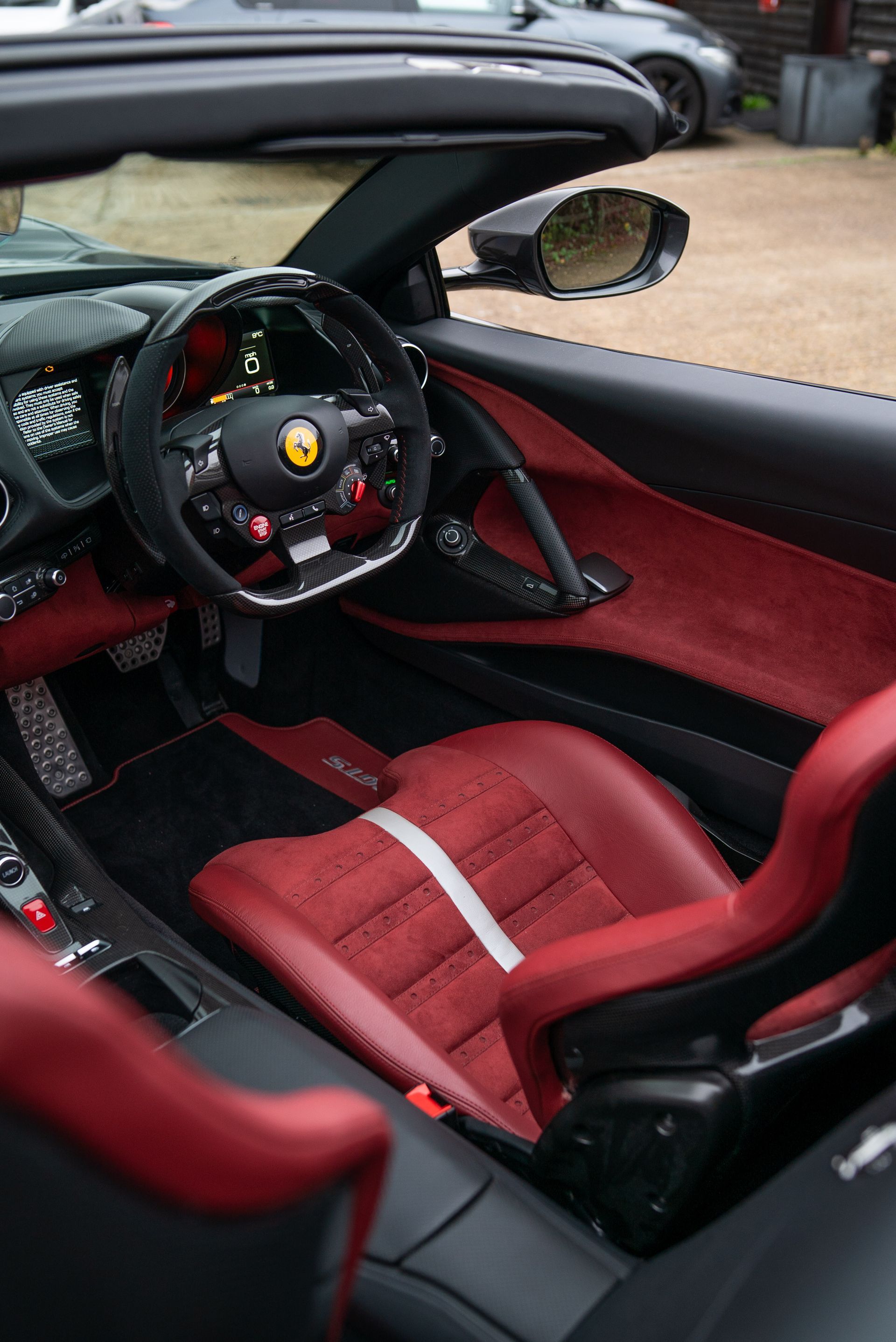 Ferrari 812 GTS interior seats dash dashboard under retrim reupholster reupholstered recovered leather Alcantara red oem plus oem+ d:class auto automotive d:class near me best local surrey daytona style belts centre centres