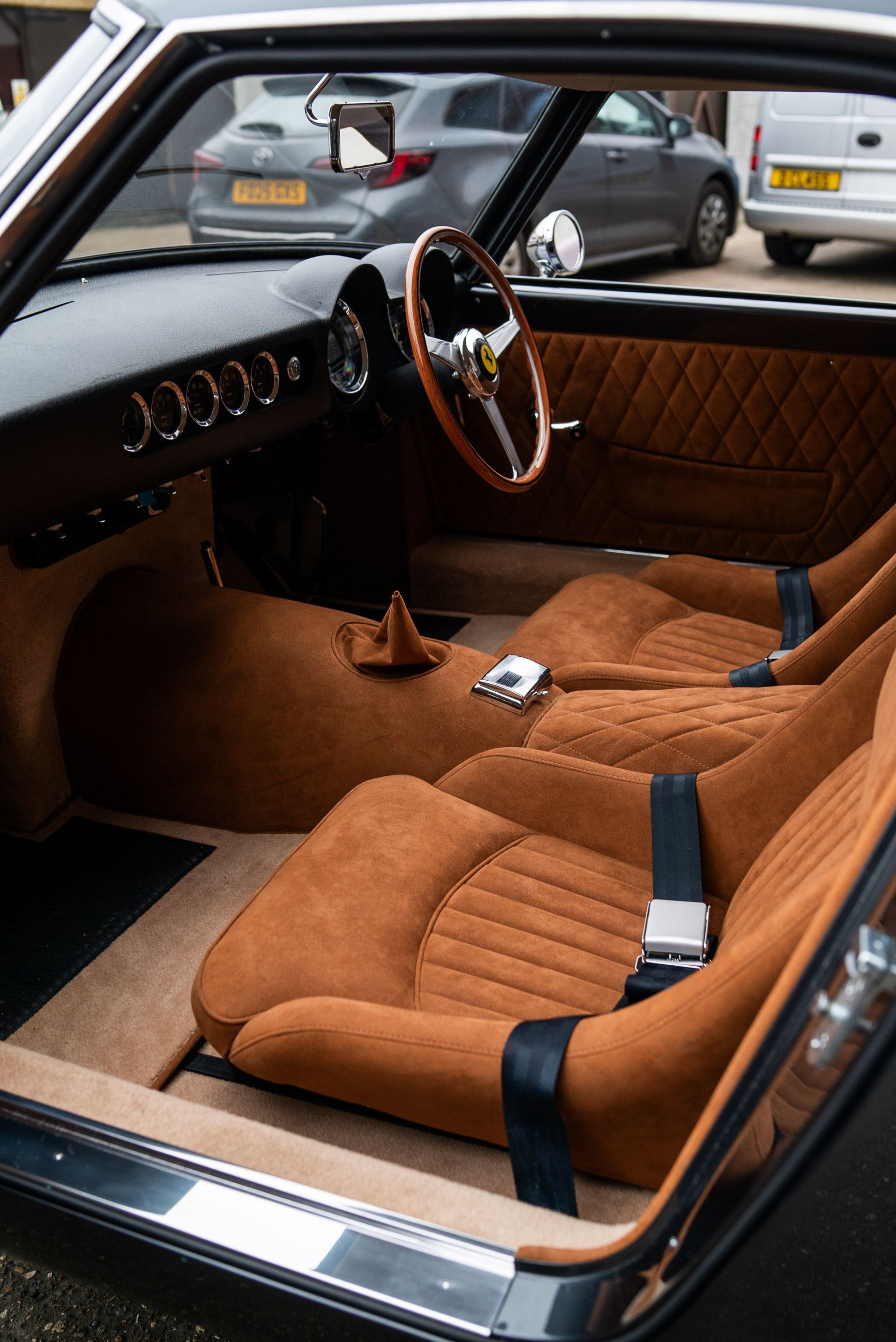 d:class interior retrim upholstery reupholstered retrimmed restoration gto swb 250 alcantara quilting tan custom customised bespoke fabrication fabricated seats carpet roll cage beige boyriven engineering best near me local surrey trimshop