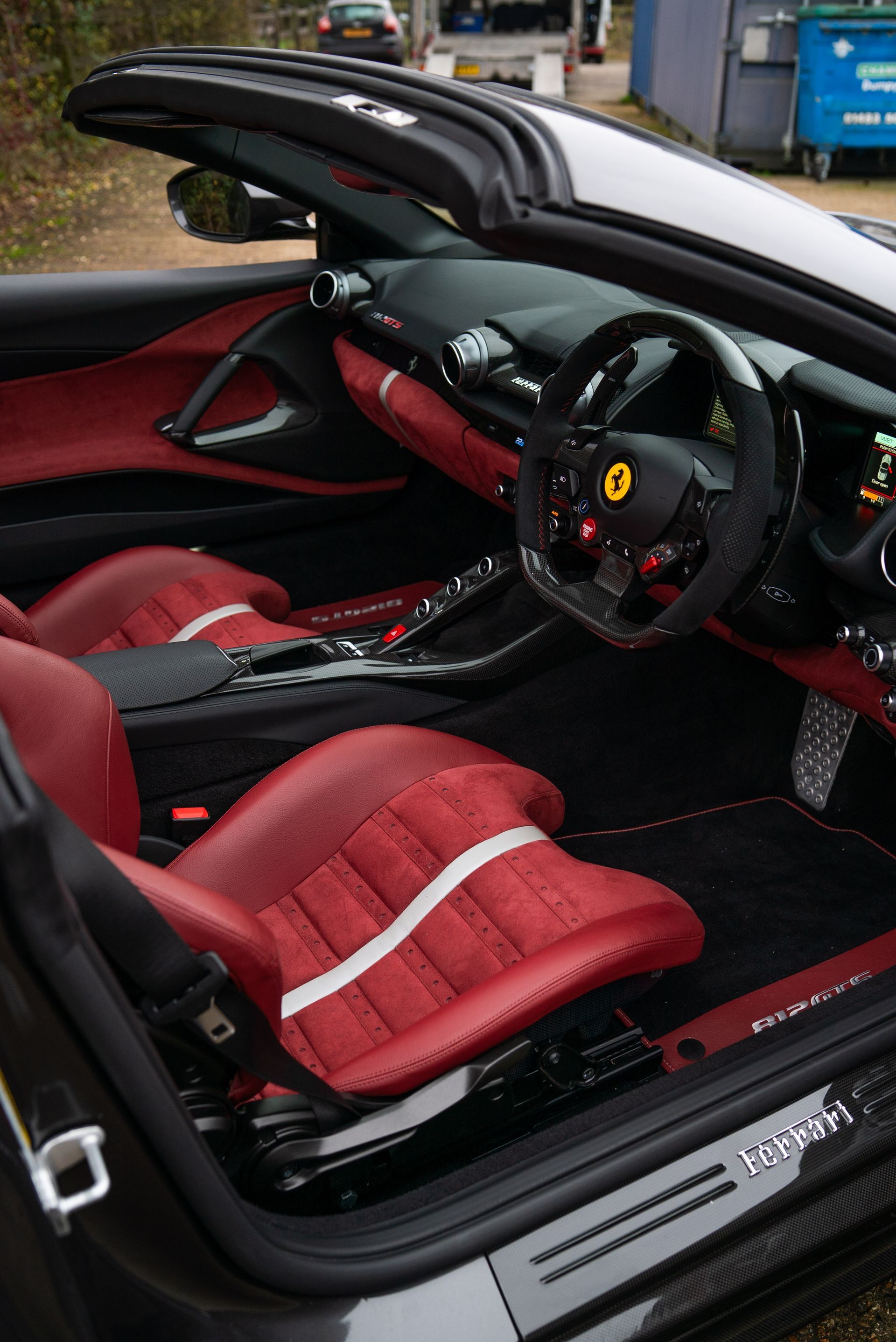 Ferrari 812 GTS interior seats dash dashboard under retrim reupholster reupholstered recovered leather Alcantara red oem plus oem+ d:class auto automotive d:class near me best local surrey daytona style belts centre centres