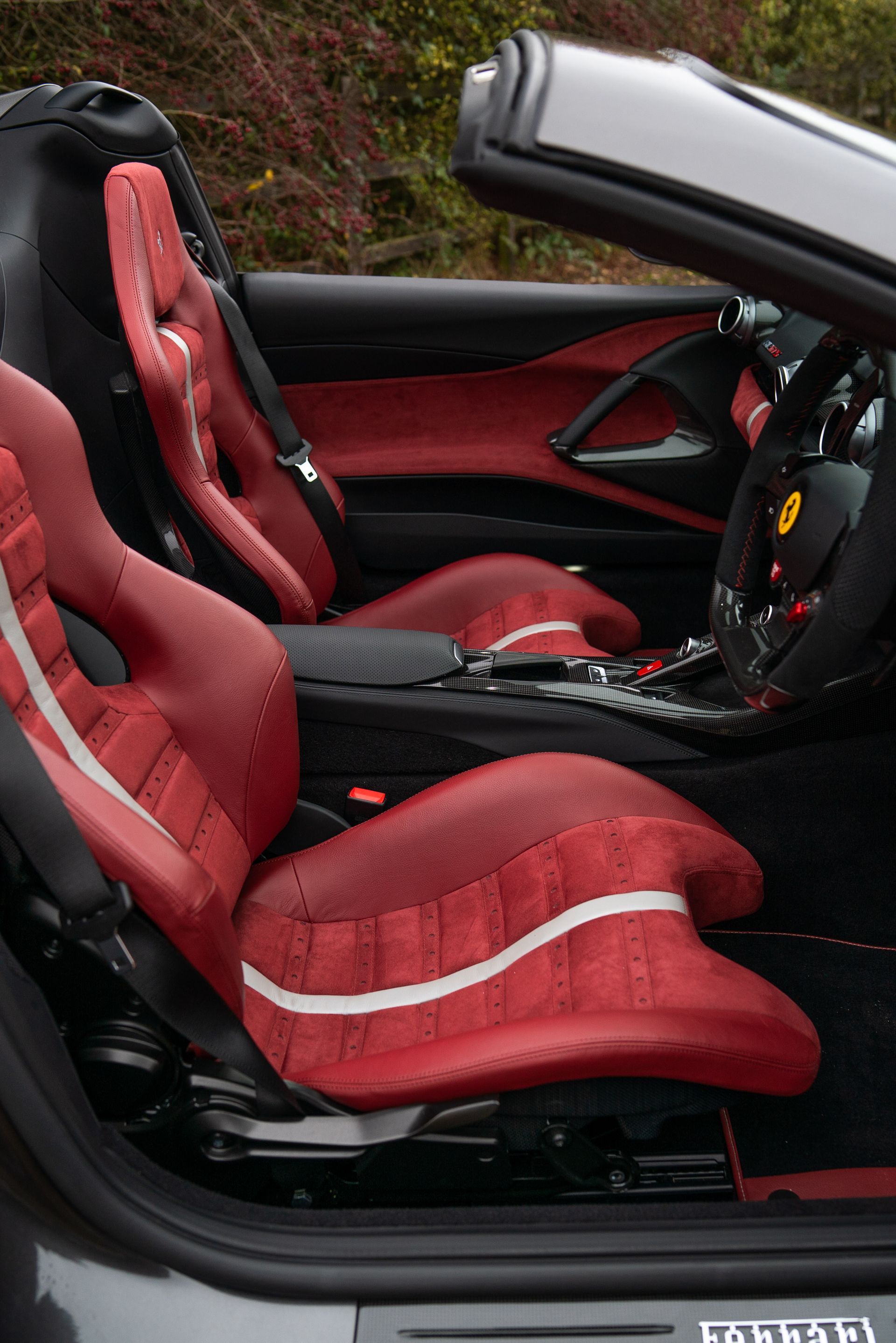 Ferrari 812 GTS interior seats dash dashboard under retrim reupholster reupholstered recovered leather Alcantara red oem plus oem+ d:class auto automotive d:class near me best local surrey daytona style belts centre centres