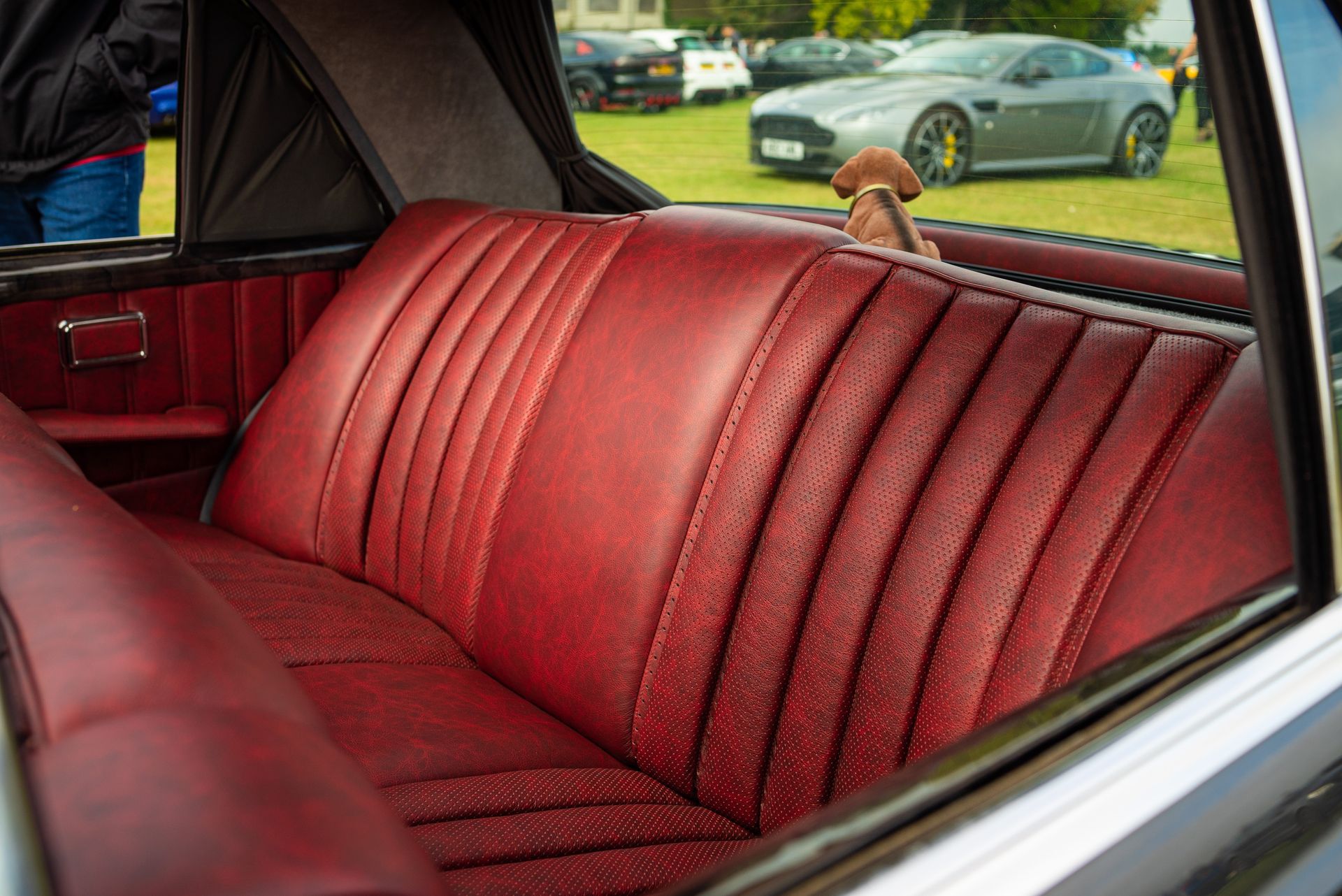 mercedes-benz W109 custom interior retrim leather distressed red d:class automotive modified grey silver bench seat seats dougie