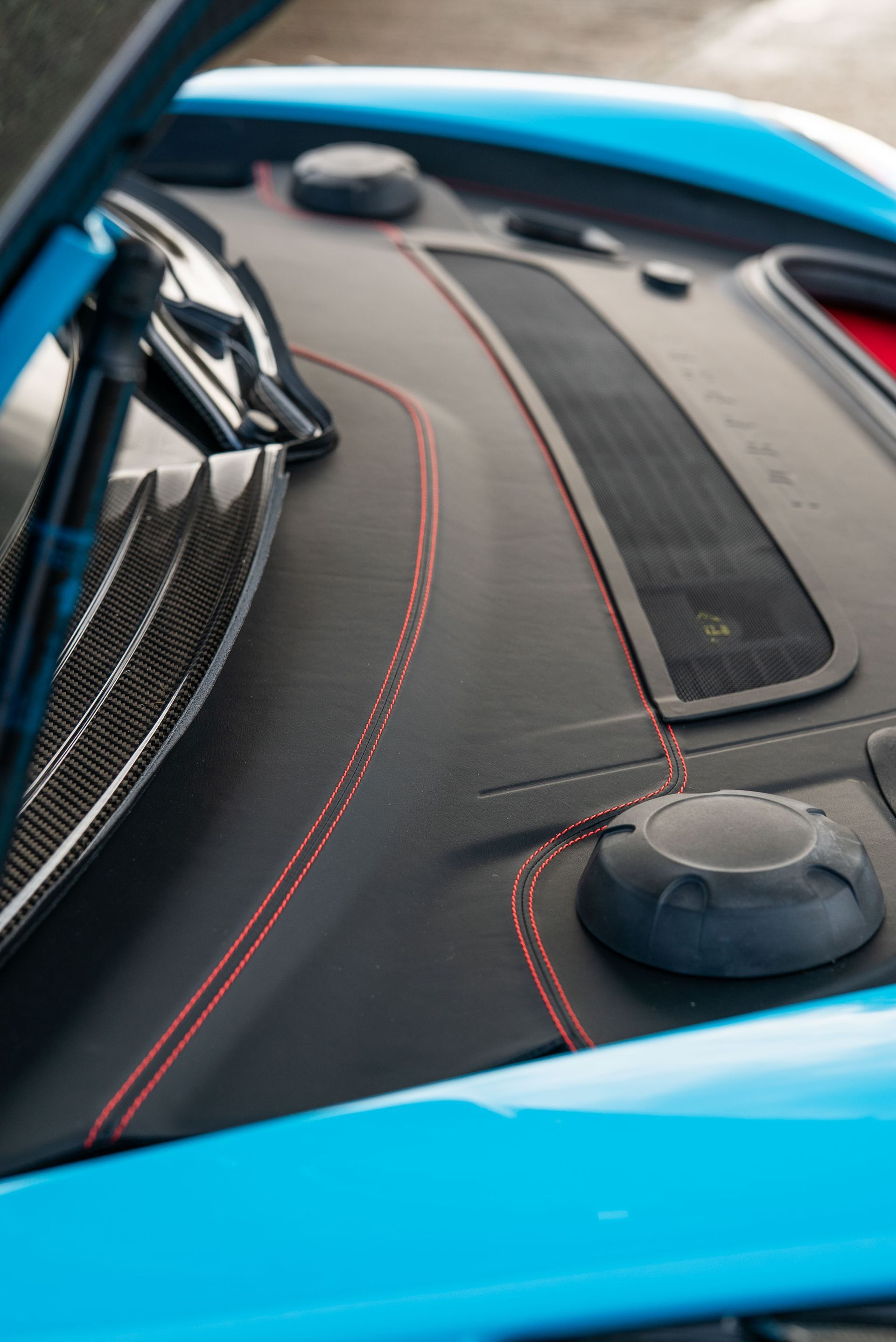 porsche 911 GT2 RS frunk bonnet plastics carpet retrim leather nappa black stitching modification custom customised alcantara d:class oem plus oem+ retrimmed upholstered reupholstered miami blue