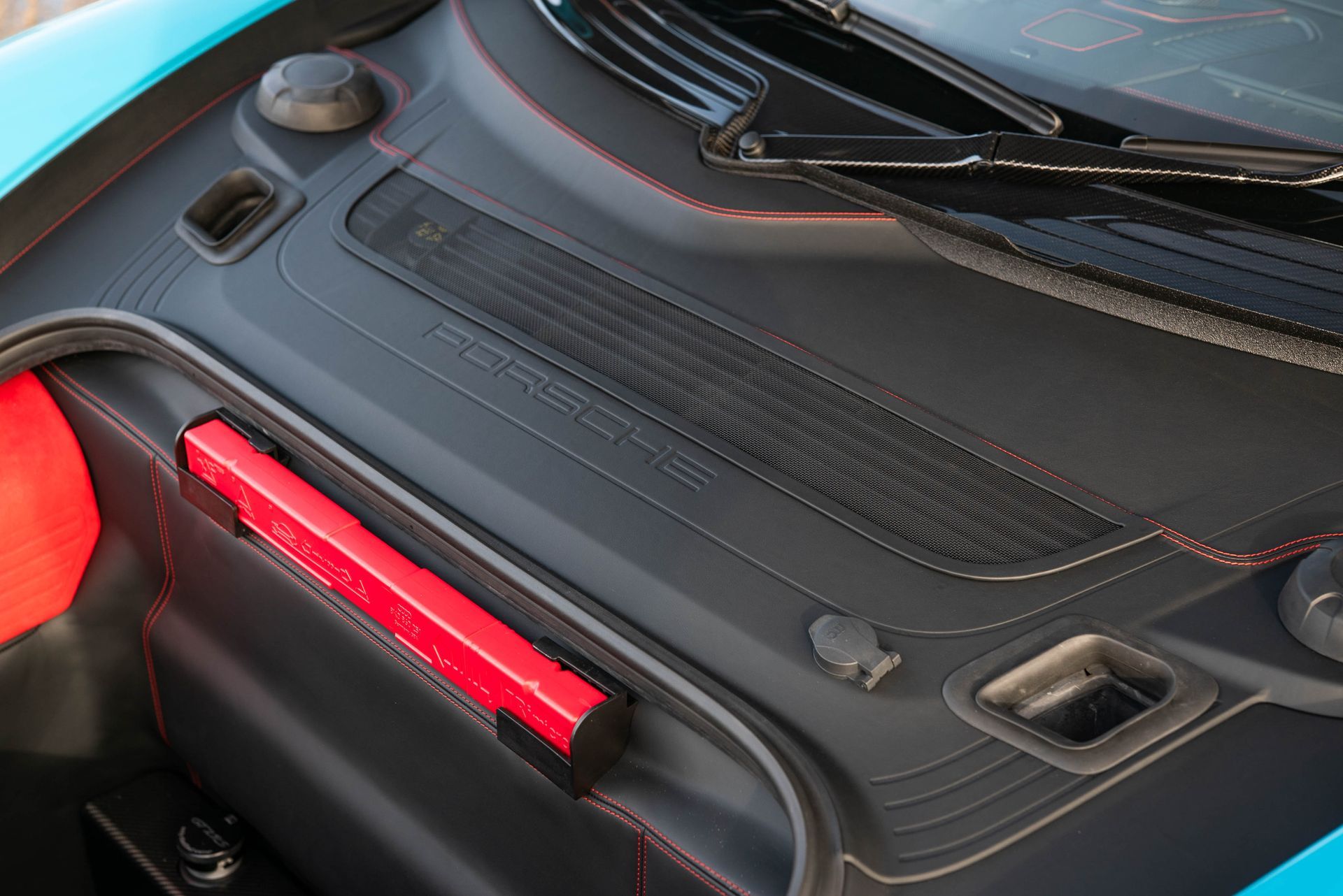 porsche 911 GT2 RS frunk bonnet plastics carpet retrim leather nappa black stitching modification custom customised alcantara d:class oem plus oem+ retrimmed upholstered reupholstered miami blue