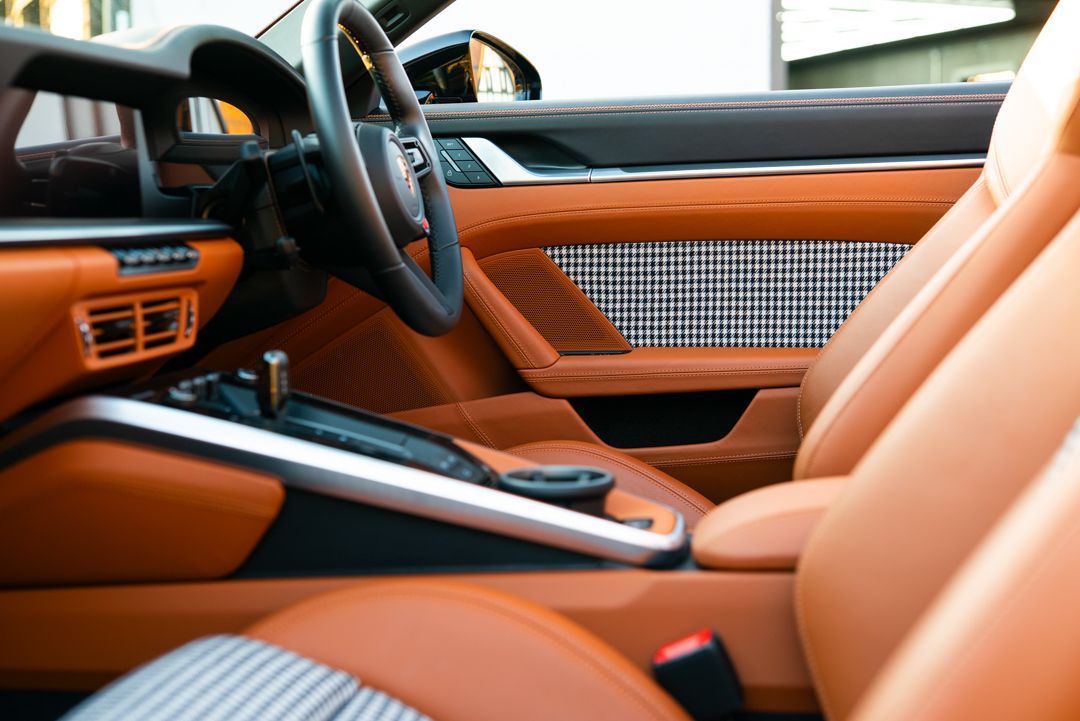 Porsche 911 carrera cabriolet gts tan leather black and white houndstooth retrim upholstery reupholstered dclass d:class oem plus oem+ heritage pack