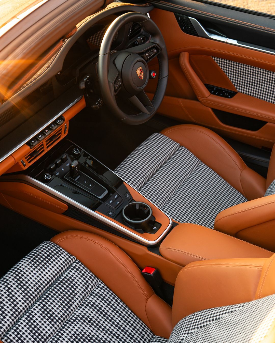 Porsche 911 carrera cabriolet gts tan leather black and white houndstooth retrim upholstery reupholstered dclass d:class oem plus oem+ heritage pack