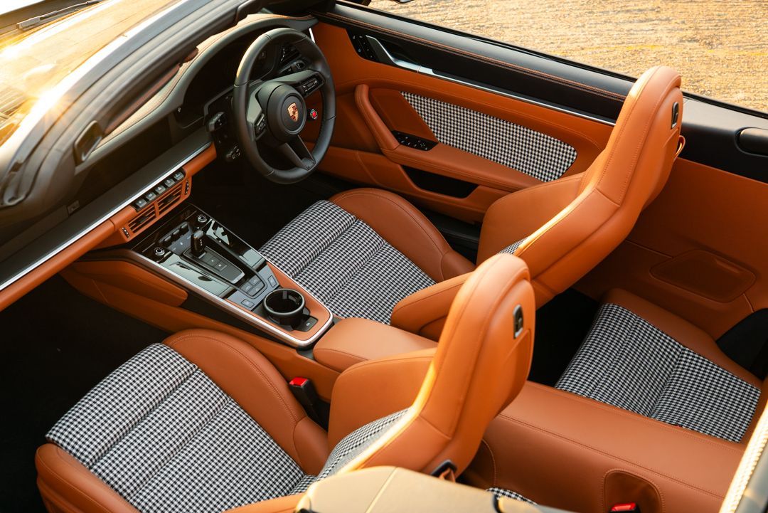 Porsche 911 carrera cabriolet gts tan leather black and white houndstooth retrim upholstery reupholstered dclass d:class oem plus oem+ heritage pack