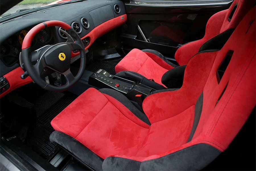 ferrari 360 Challenge Stradale red STG Sam seen through glass interior alcantara blue before and after render to reality