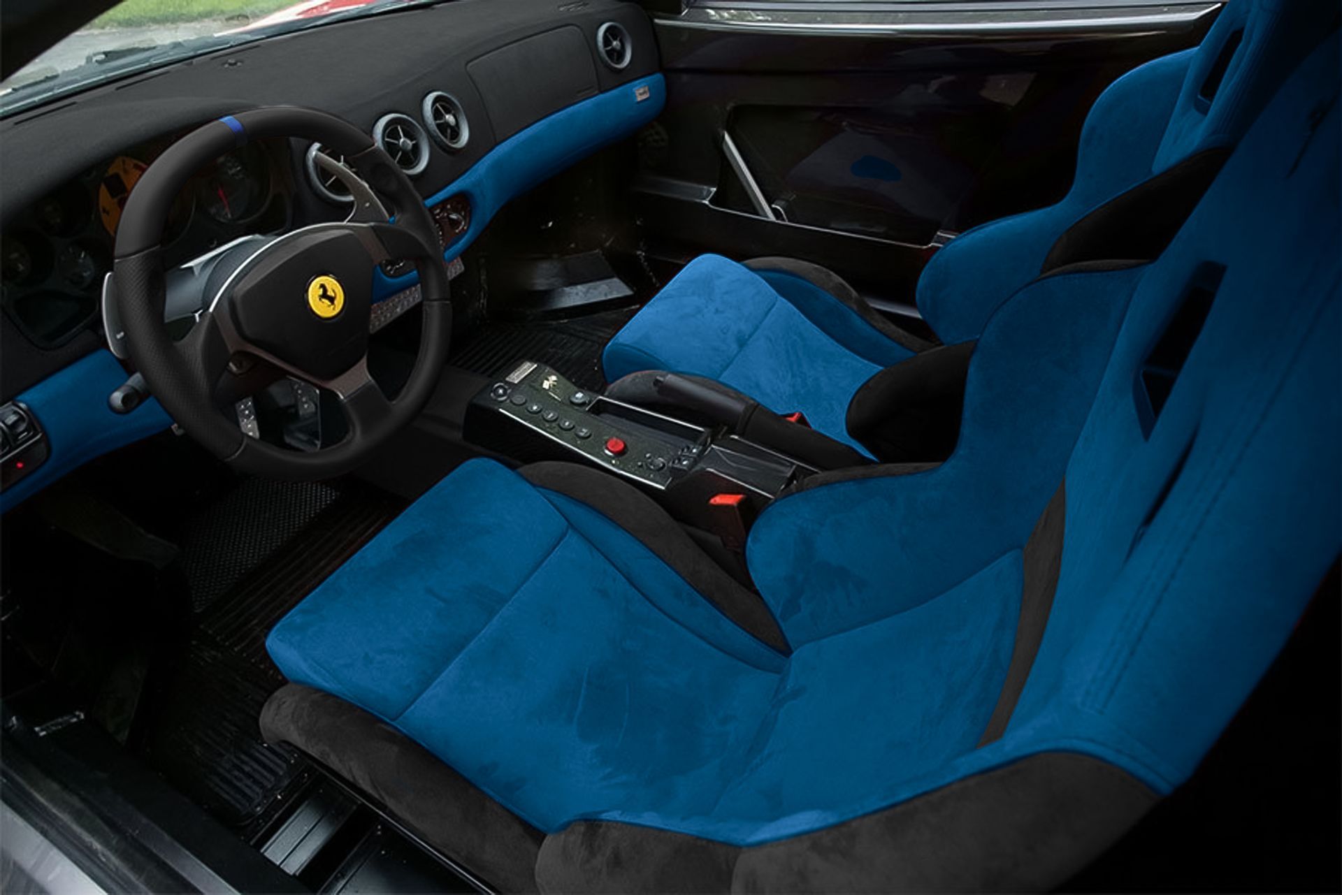 ferrari 360 Challenge Stradale red STG Sam seen through glass interior alcantara blue before and after render to reality