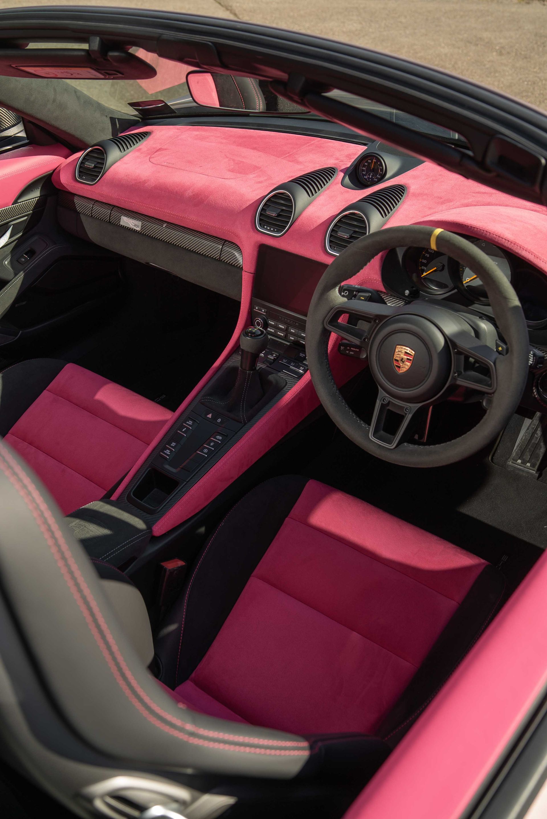 porsche cayman 718 gt4 spyder RS pink alcantara interior retrim seat seats dashbaord door card d:class automotive custom
