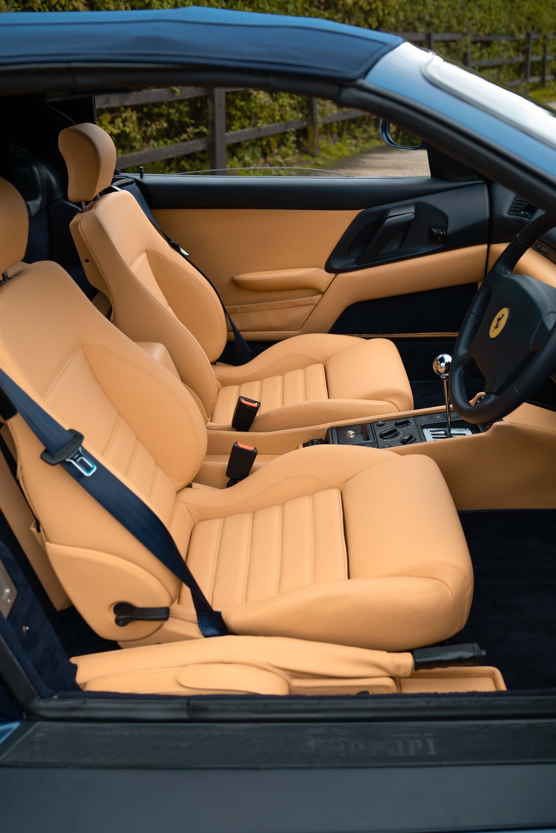 Ferrari F355 Spider Full interior retrim d:class auto tan blue nappa leather reupholstered upholstery trim restoration surrey bespoke seats hood carpet