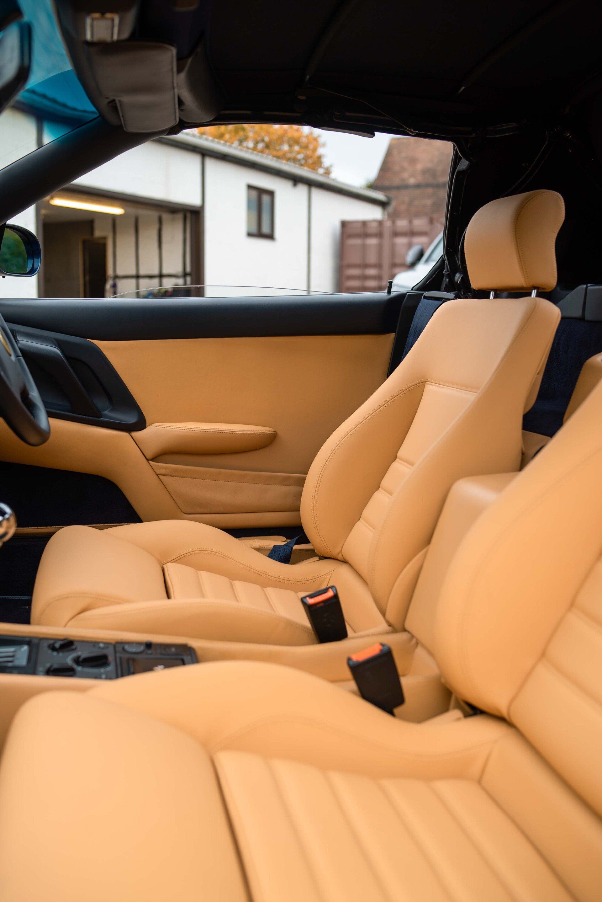 Ferrari F355 Spider Full interior retrim d:class auto tan blue nappa leather reupholstered upholstery trim restoration surrey bespoke seats hood carpet