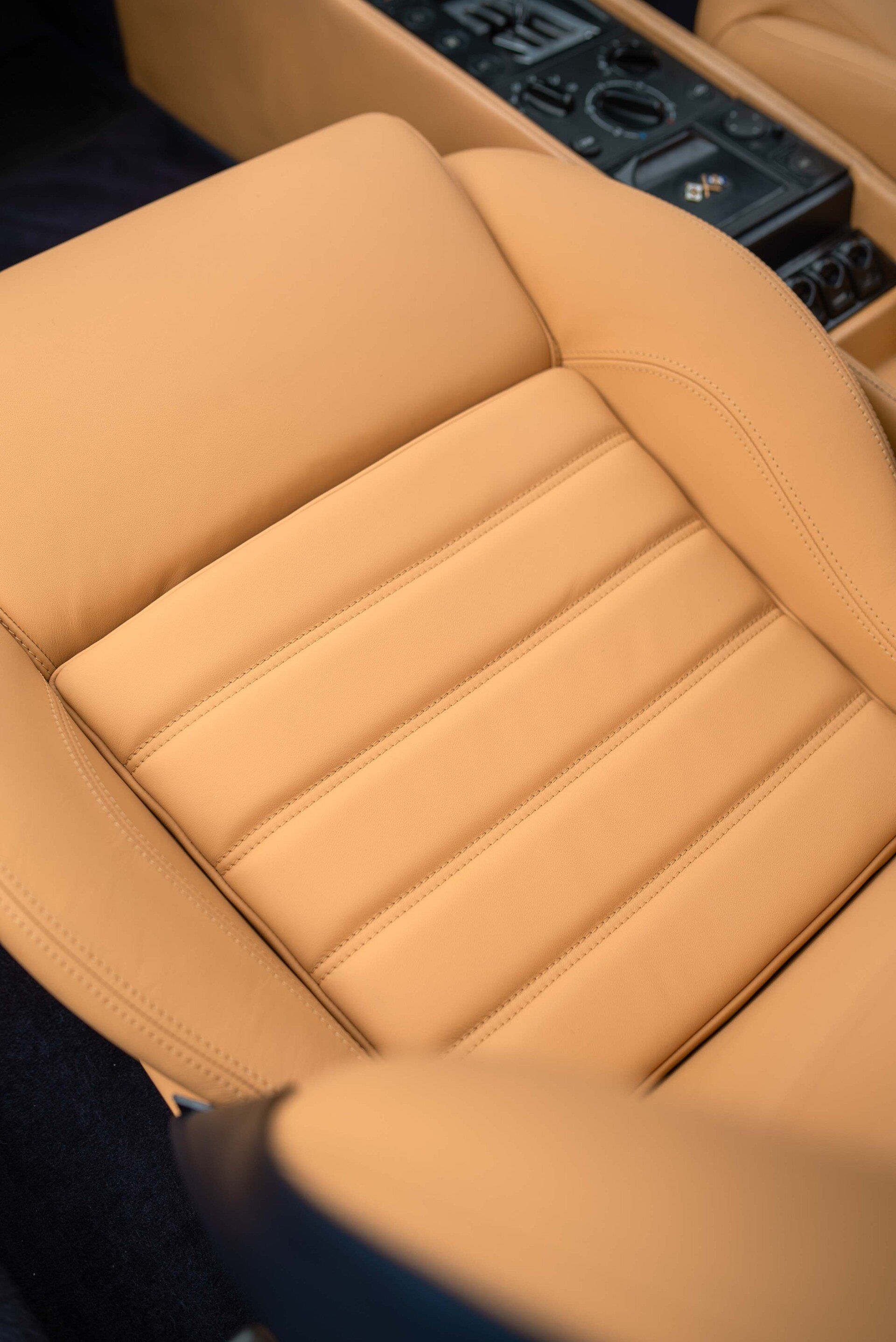 Ferrari F355 Spider Full interior retrim d:class auto tan blue nappa leather reupholstered upholstery trim restoration surrey bespoke seats hood carpet
