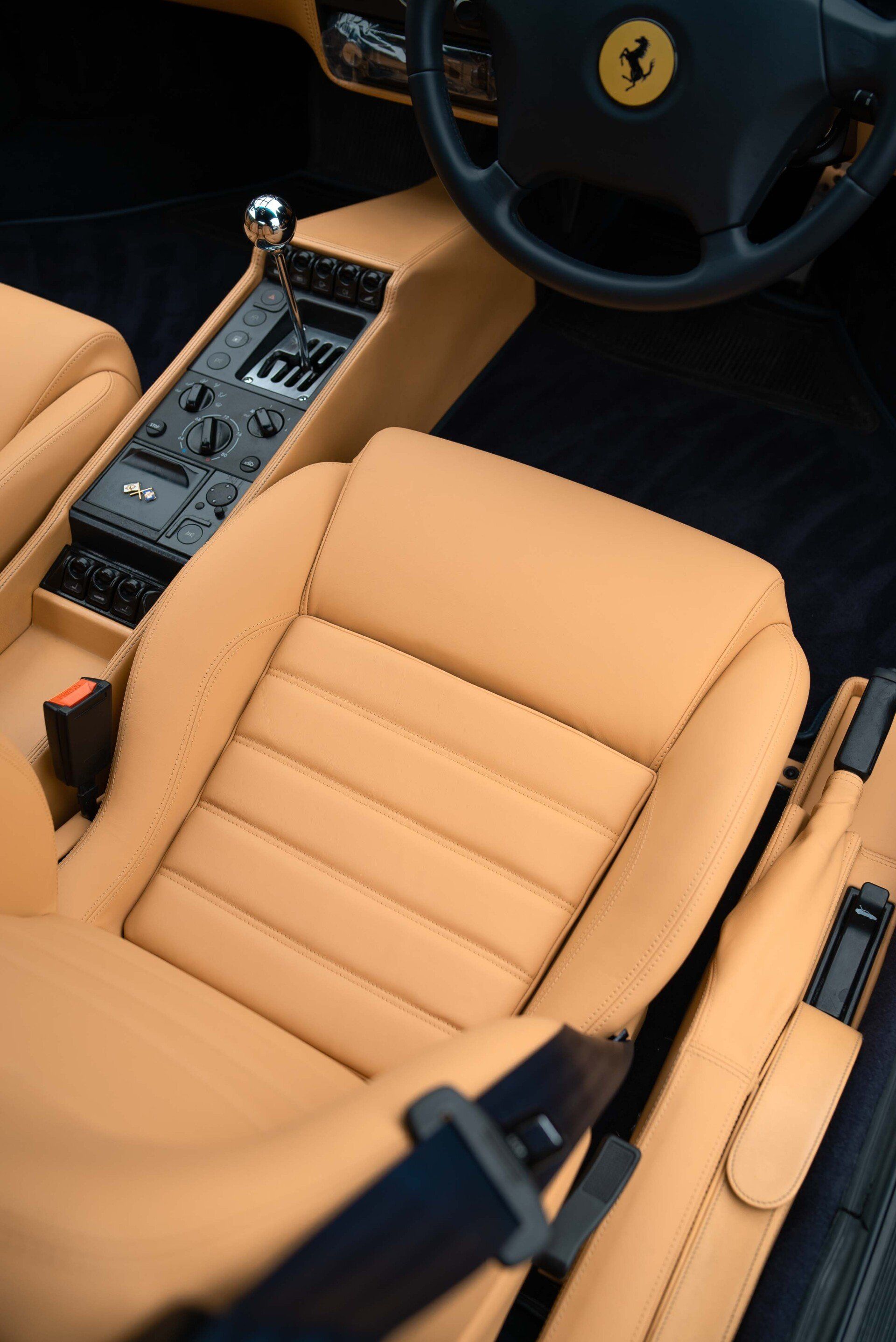 Ferrari F355 Spider Full interior retrim d:class auto tan blue nappa leather reupholstered upholstery trim restoration surrey bespoke seats hood carpet
