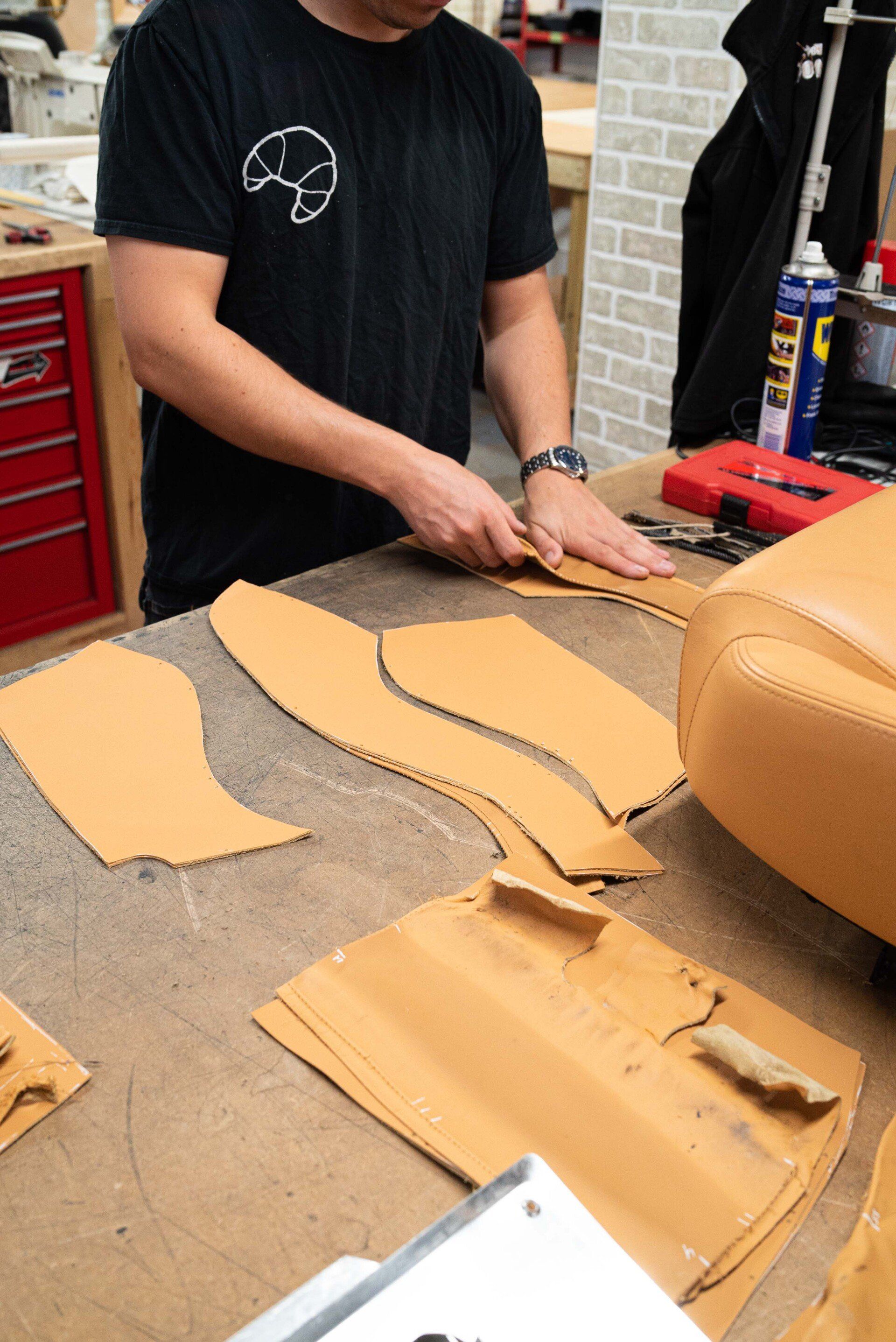 Ferrari F355 Spider Full interior retrim d:class auto tan nappa leather reupholstered upholstery trim restoration surrey bespoke seats tools trimming how to progression