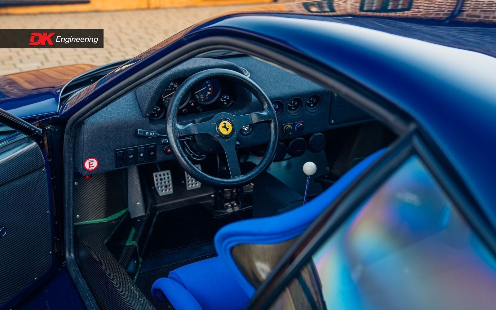 Ferrari f40 blue interior retrim restoration DK Engineering d:class automotive nomex blu santorini seat seats